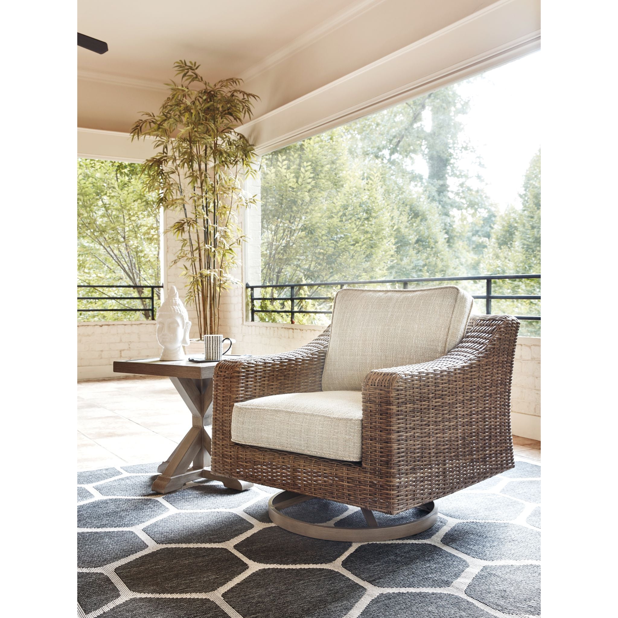 Beachcroft Outdoor Swivel Lounge Chair with Cushion - White/Beige - Perfect for Patio, Poolside, Garden & Backyard Relaxation