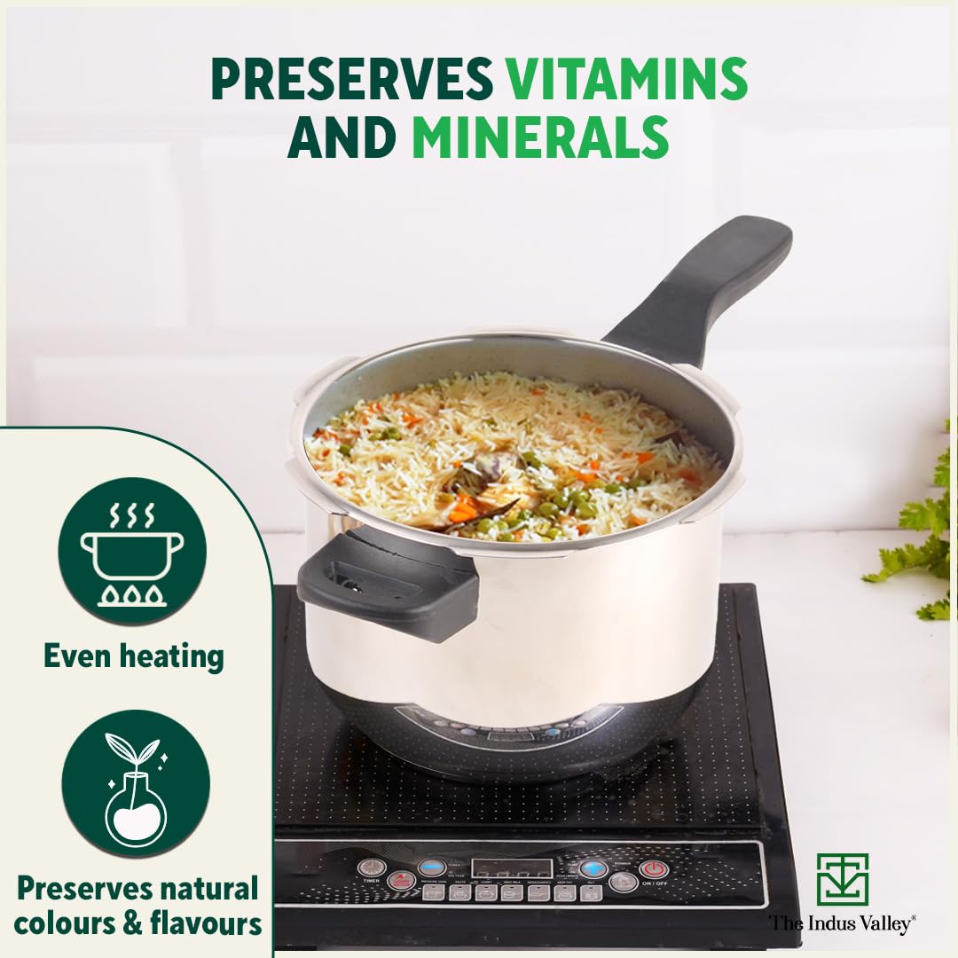 Indus Valley 4.5L Stainless Steel Pressure Cooker with Tri-Ply Bottom - ISI Certified, Induction Compatible, Non-Toxic & Non-Stick - Perfect for Home Cooking, Meal Prep & Indian Cuisine