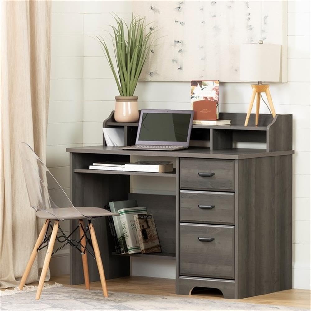 Rustic Computer Desk with Keyboard Tray - Modern Wood Writing Desk with Drawers & Shelves for Home Office, Dark Grey - Perfect for Small Spaces & Remote Work Setup