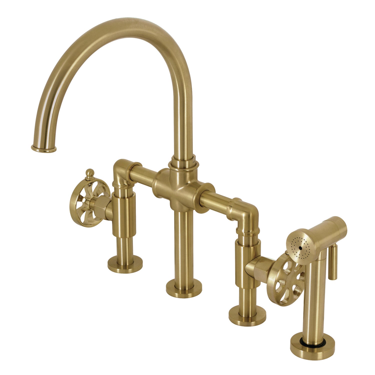 Belknap KS2337RX Industrial Style Bridge Kitchen Faucet - 2 Handle 4 Hole Deck Mount with Brass Side Sprayer in Brushed Brass Finish | Perfect for Farmhouse, Commercial & Modern Kitchens