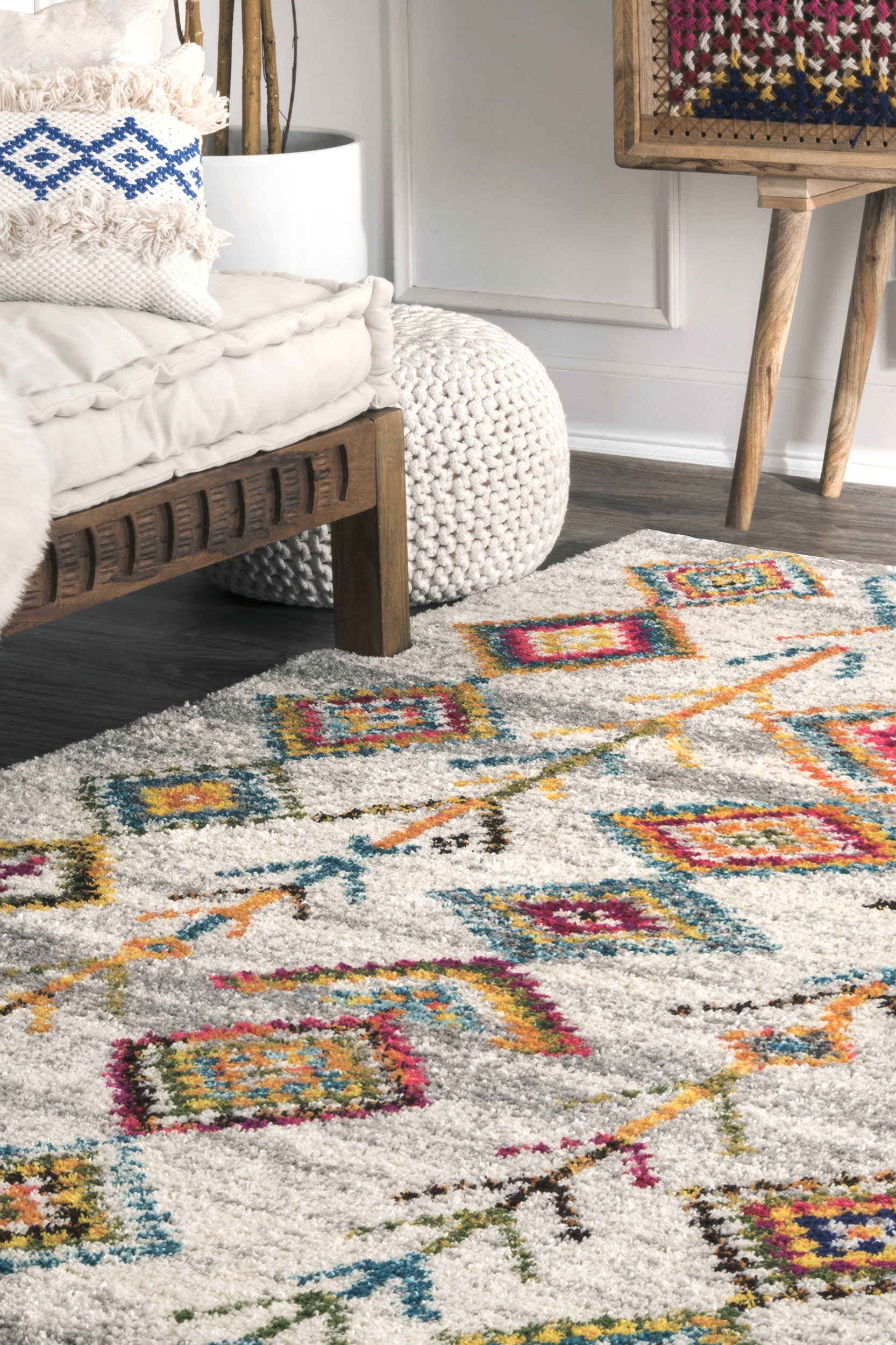 Aztec Diamonds Shag Rug - Soft Grey Bohemian Area Rug for Living Room, Bedroom & Nursery | Plush & Cozy Home Decor