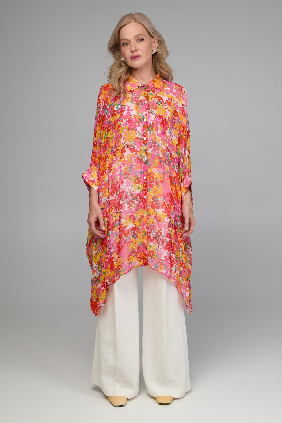 Stylish Oversized Colorful Floral Print Long Sleeve Shirt for Women - Perfect for Summer Vacations, Beach Outings & Boho Fashion