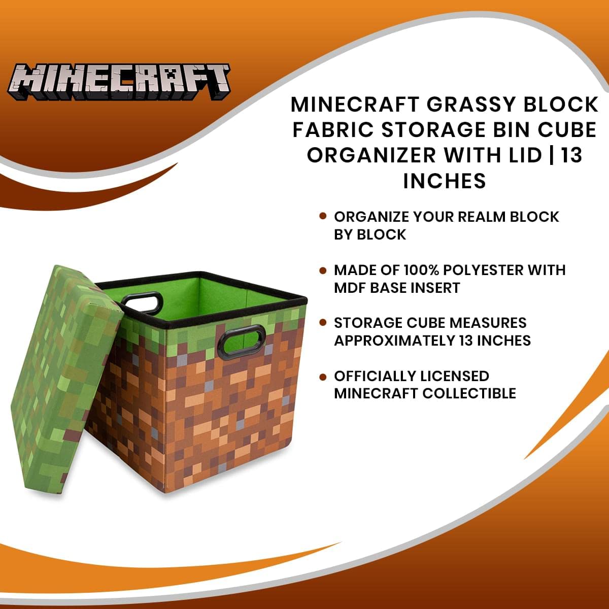 Minecraft Grassy Block 13-Inch Storage Bin with Lid - Foldable Fabric Cube Organizer with Handles for Shelves & Closet | Home Decor & Video Game Gifts for Kids' Rooms, Game Themed Bedroom Storage