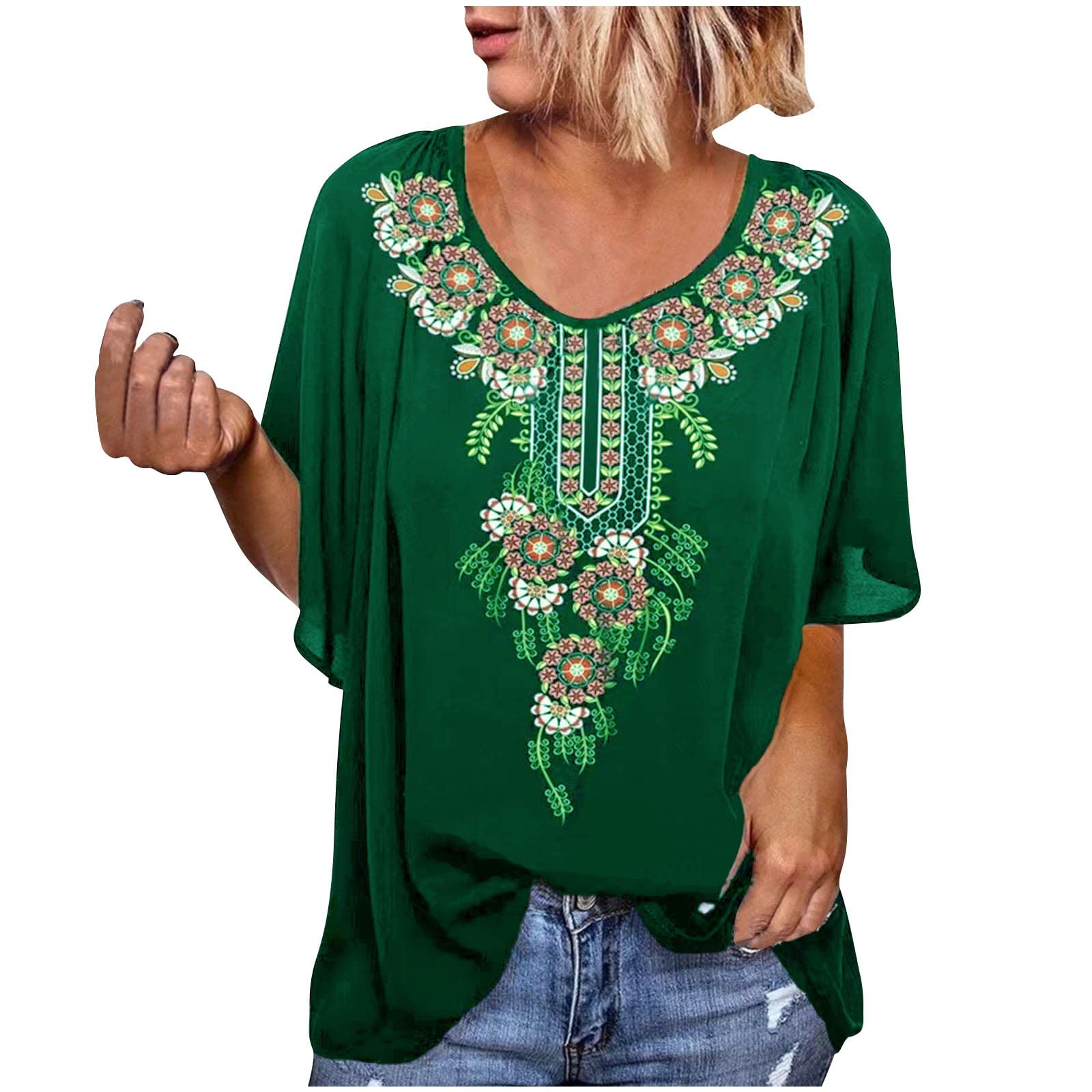 HRAPDA Women's Casual Summer T-Shirts - Vintage Print Loose Blouse for Outings & Daily Wear