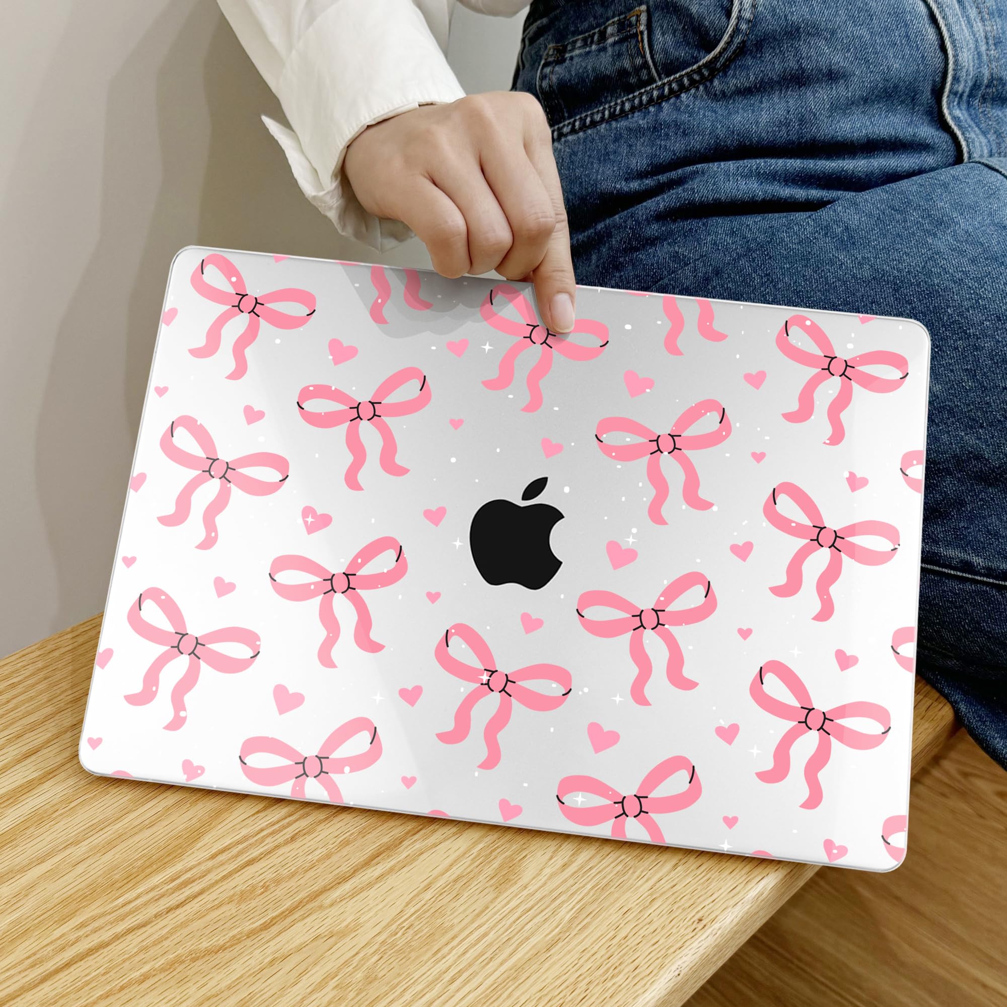 MEEgoodo Crystal Clear Hard Shell Case for MacBook Pro 13 inch (M2/M1, A2338/A2251/A2289, 2020-2022) - Flexible Plastic Protective Cover with Pink Bows | Perfect for Office, Travel & School Use