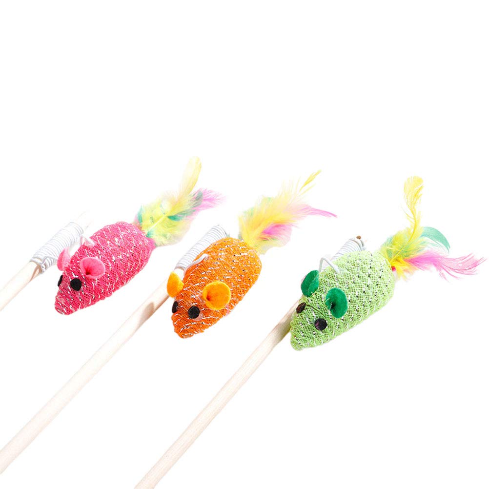 3Pcs Wooden Stick Cat Toy - Rat Shape Leather Teaser Wand for Cats & Dogs - Interactive Pet Toys for Indoor Play & Training (Random Color) - Perfect for Bonding & Exercise