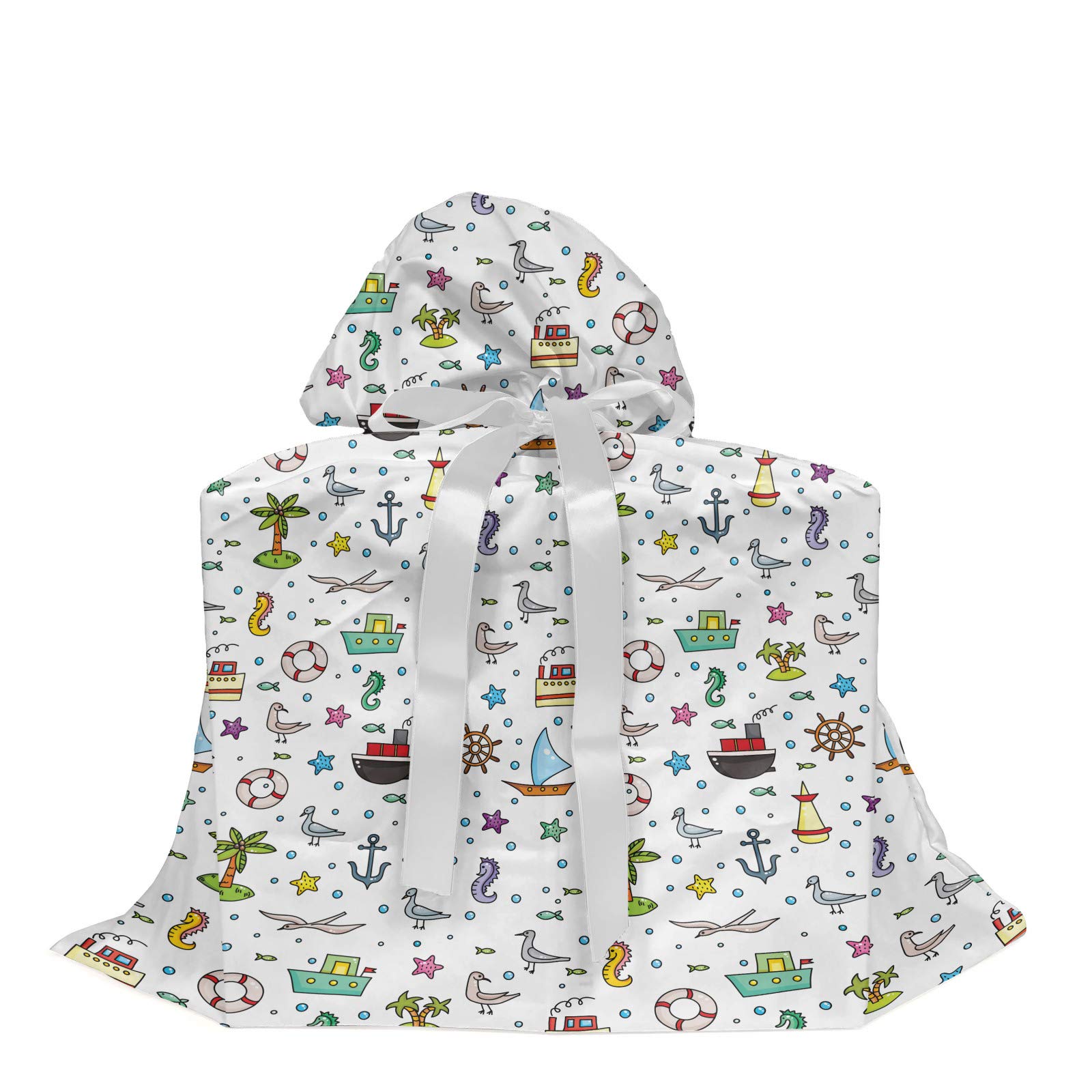 Ambesonne Birds Gift Bag - Nautical Cartoon Design with Ships, Flying Birds, Starfish, Palm Trees & Bubbles - Fabric Party Favor Pouch with 3 Ribbons (27