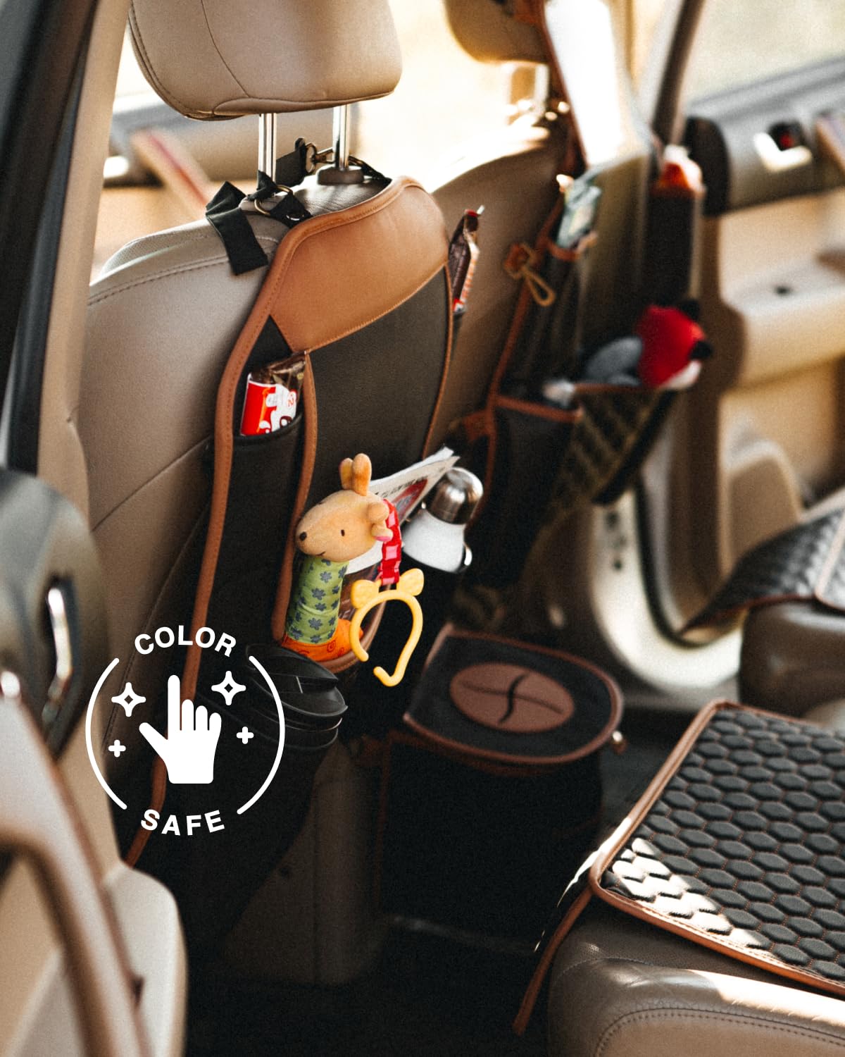 Car Seat Organizer for Backseat - Automotive Storage Organizer with Multiple Pockets for Kids Toys, Snacks & Essentials (Black, Brown, Tan) - Perfect for Road Trips & Family Travel