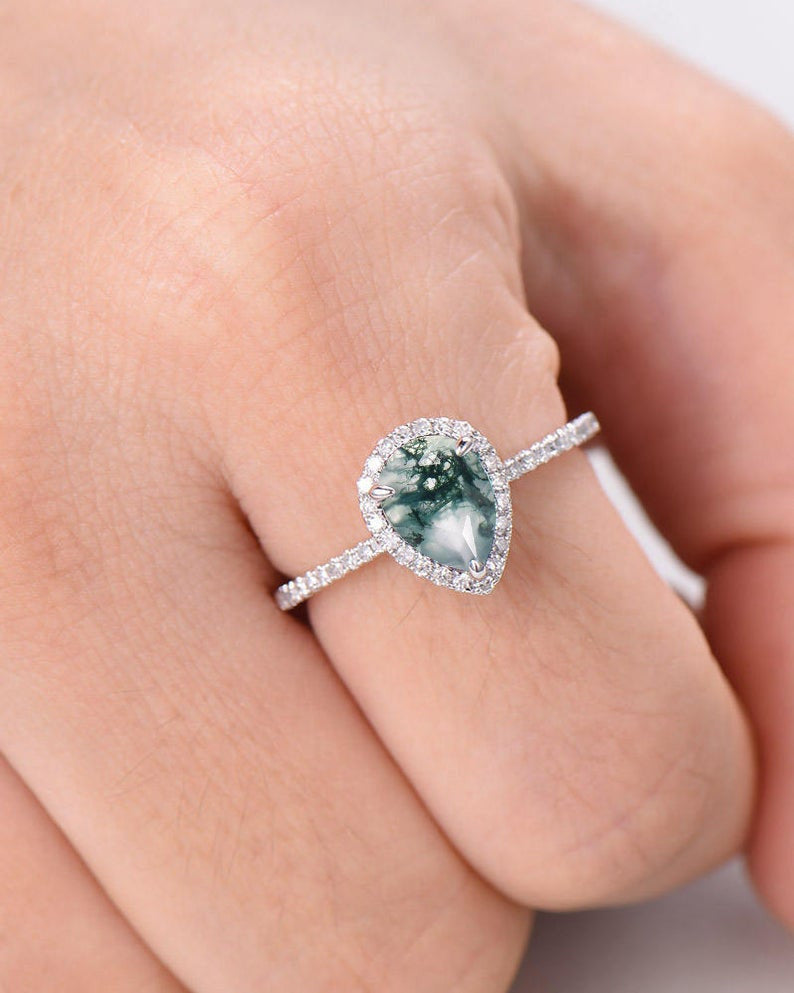 Pear Moss Agate White Gold Diamond Engagement Ring - Vintage Halo Style for Wedding Proposal & Anniversary Gift
