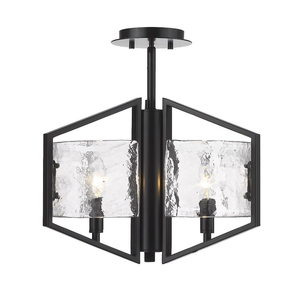 Varska Semi-Flush Mount Ceiling Light Fixture - Matte Black Finish with Hammered Water Glass Shade - Perfect for Bedroom, Living Room, and Dining Room Lighting
