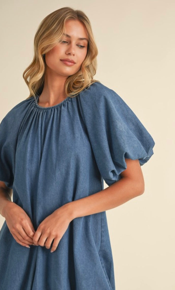 Stylish Denim Puff Sleeve Bubble Mini Dress for Women - Trendy Casual Outfit for Date Night, Parties & Summer Fashion