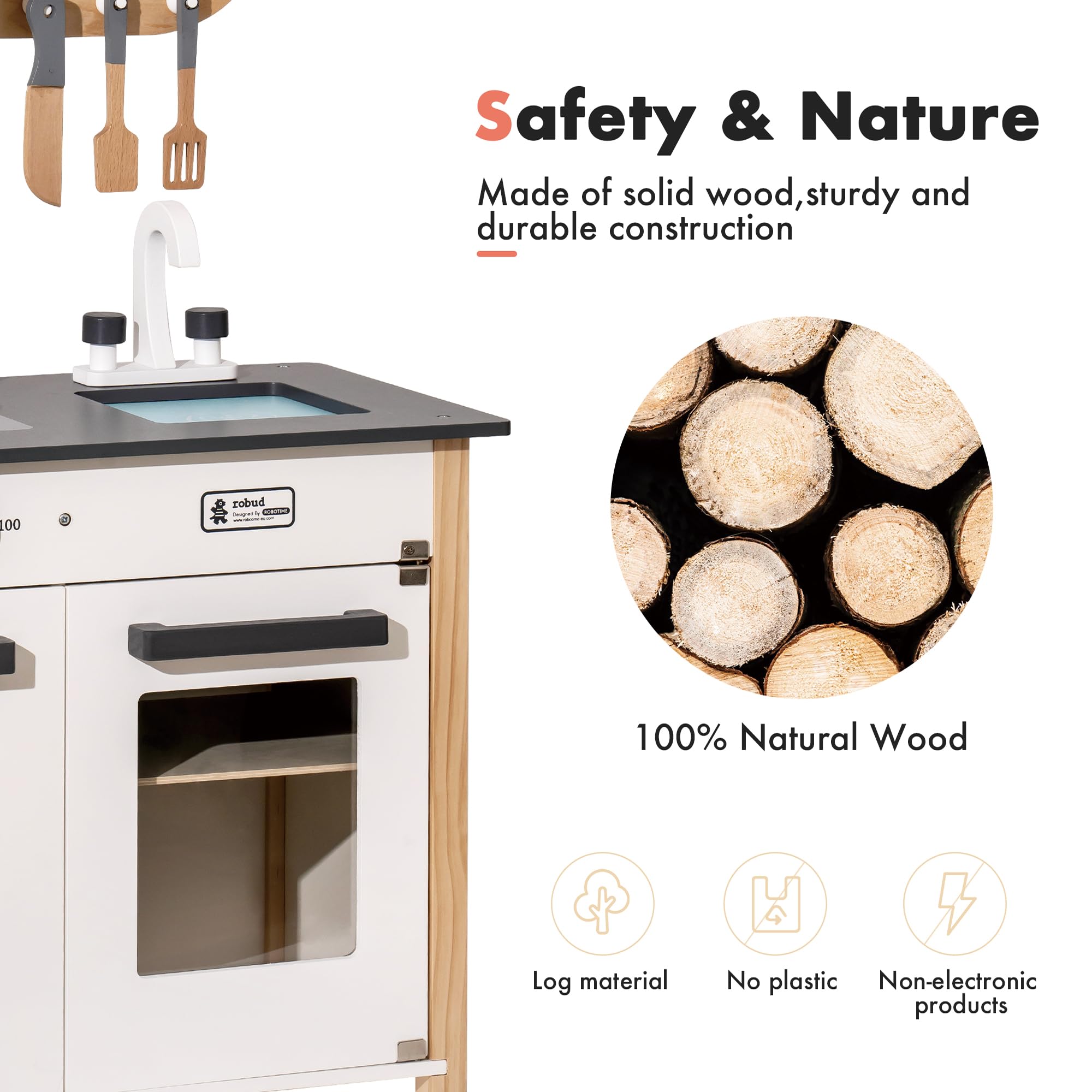 ROBUD Wooden Play Kitchen Set for Kids - Realistic Pretend Toy Kitchen with Sink, Stove & Accessories - Perfect Gift for Boys & Girls Ages 3+ - Great for Imaginative Play, Role Playing & Early Learning