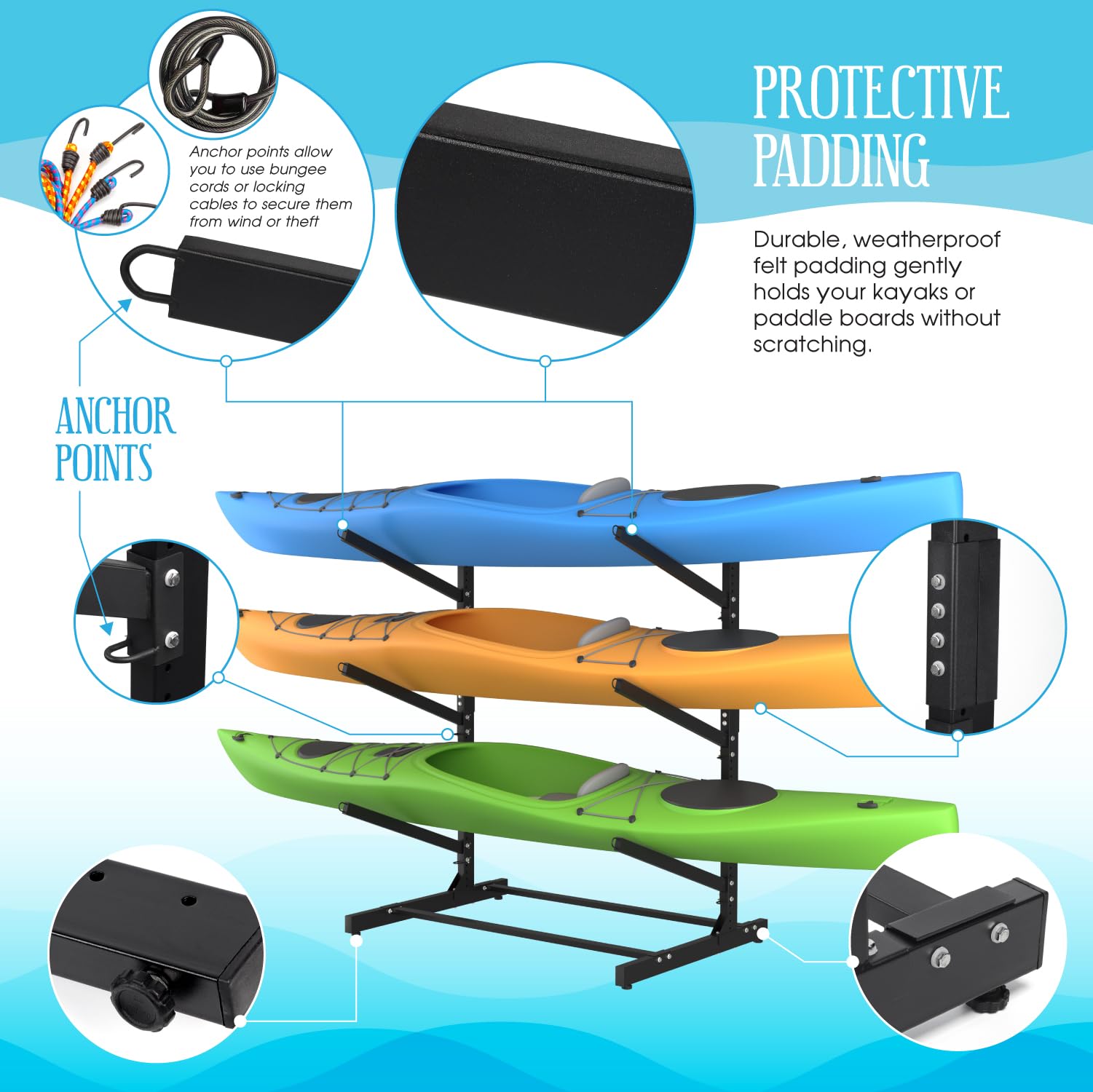 Adjustable Kayak Storage Rack - Heavy Duty SUP Stand, Weatherproof Canoe & Paddleboard Holder for Indoor/Outdoor Use - Perfect for Garage, Shed, Dock, Beach House Storage - Organize Surfboards, Kayaks & Water Sports Gear