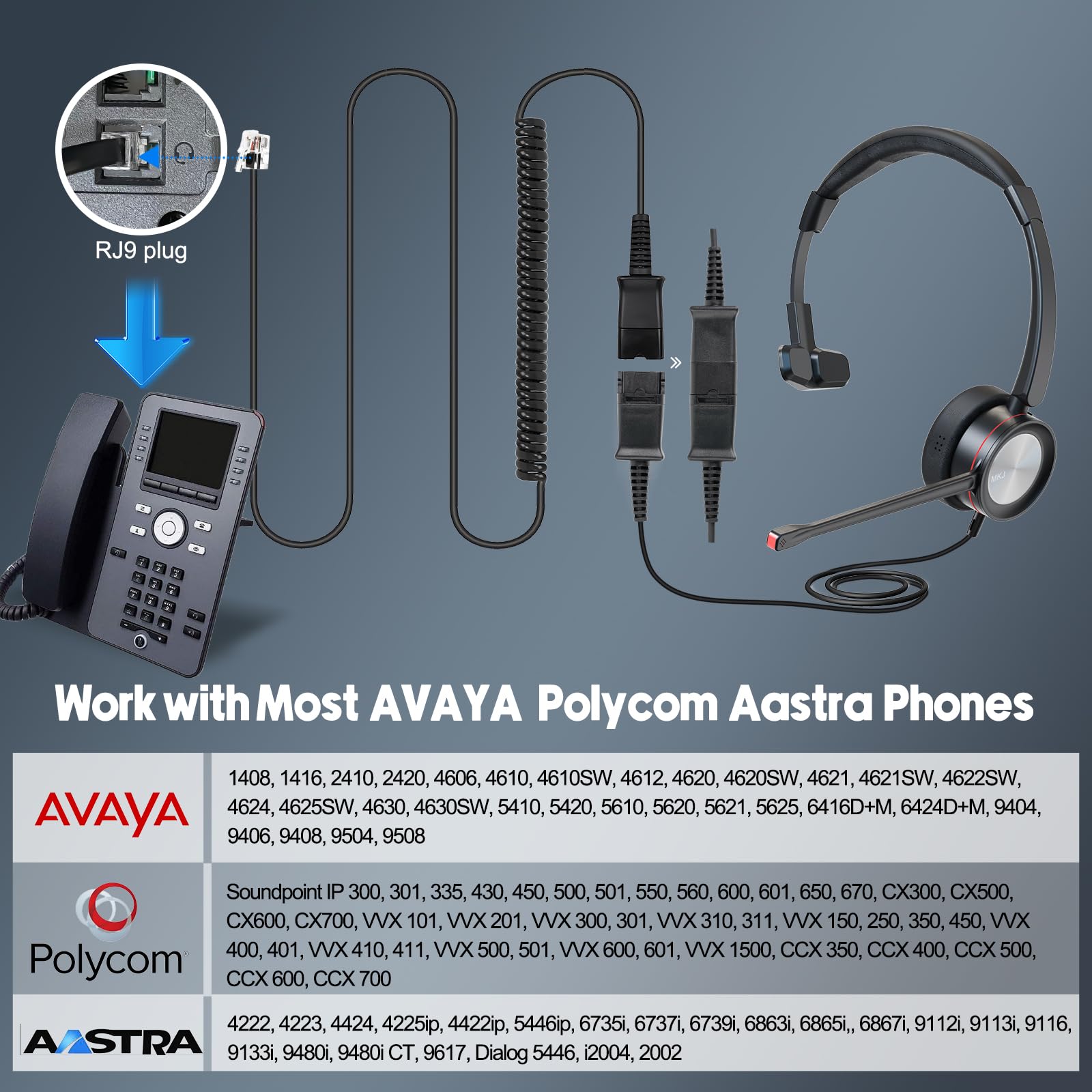 MKJ Noise Cancelling Telephone Headset with RJ9 Connector - Compatible with Avaya 1408, Polycom, Aastra 6573i & Fanvil Landline Phones - Perfect for Call Centers, Office Communication & Remote Work