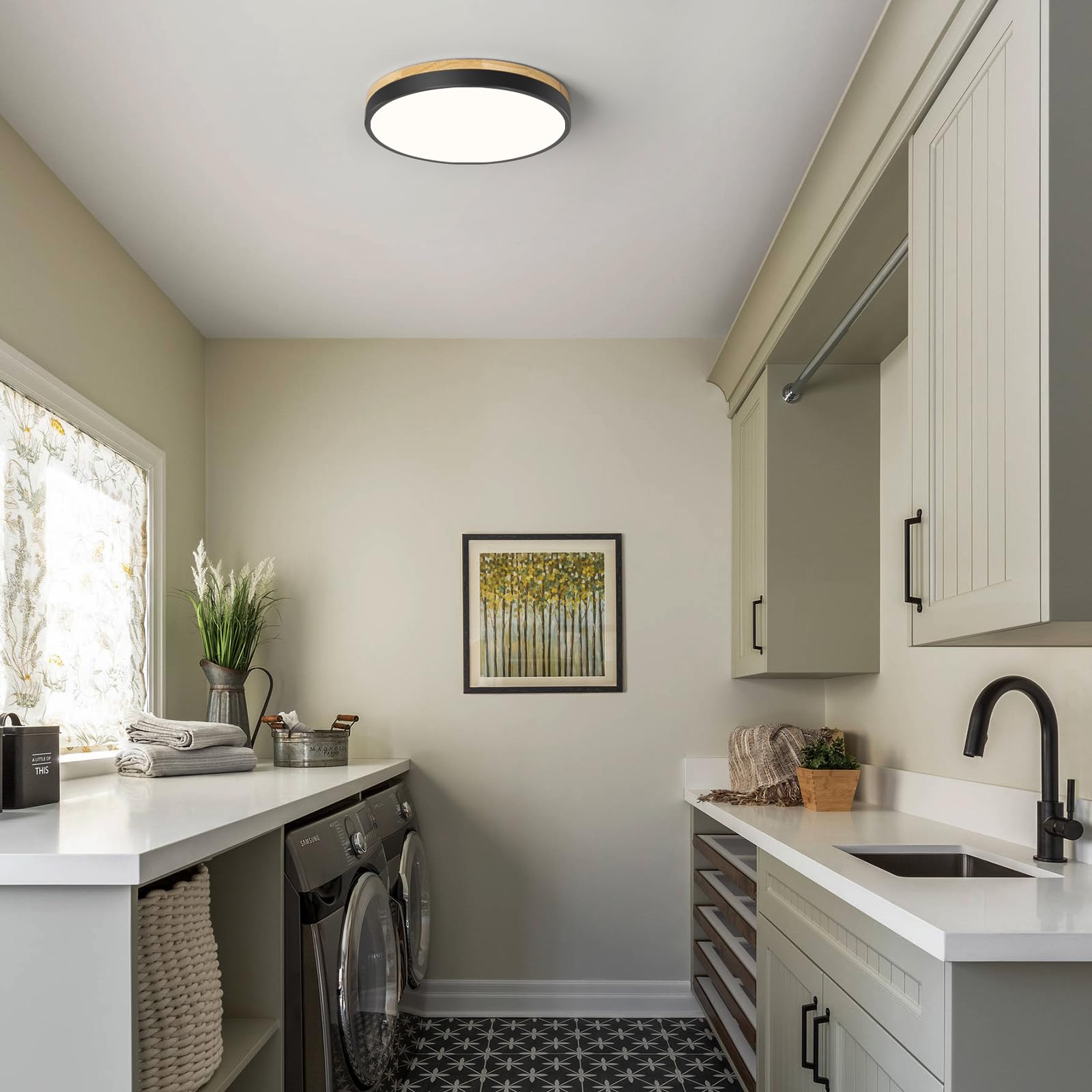 Peblto Black LED Modern Ceiling Light - White Flush Mount Wood Style Round Lighting Fixture (11.81 Inch) for Bedroom, Kitchen, Hallway & Laundry Room | Energy-Efficient Dimmable Ambient Lighting for Home & Office Spaces