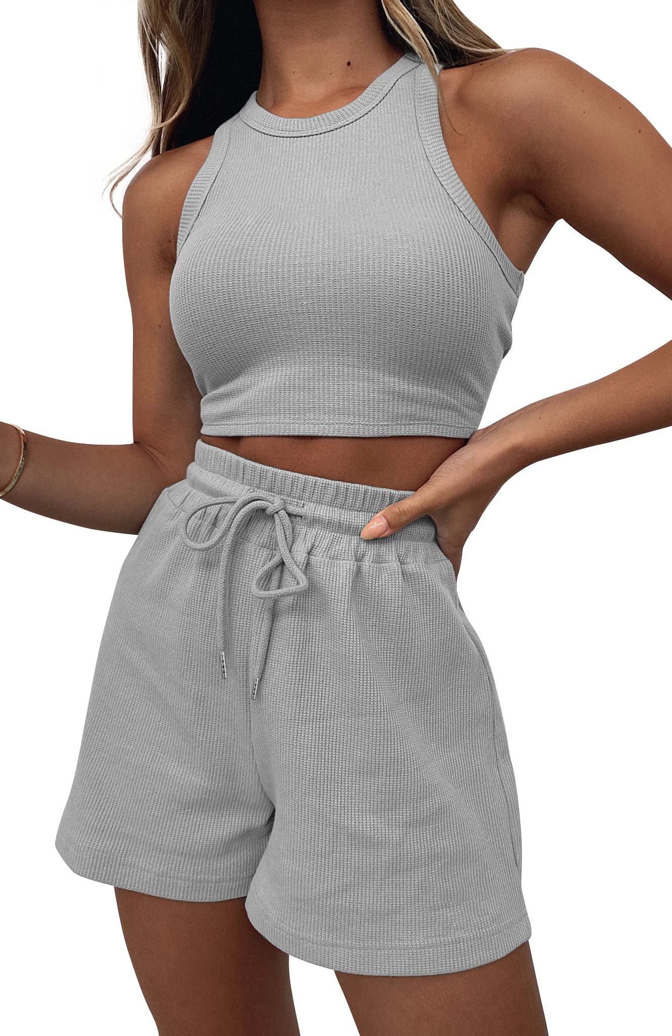 Lingswallow 2 Piece Women's Lounge Set - Sleeveless Crop Top & Waffle Knit Shorts | Comfortable Tracksuit for Yoga, Sleep & Home Relaxation | Women's Sweatsuit Outfit