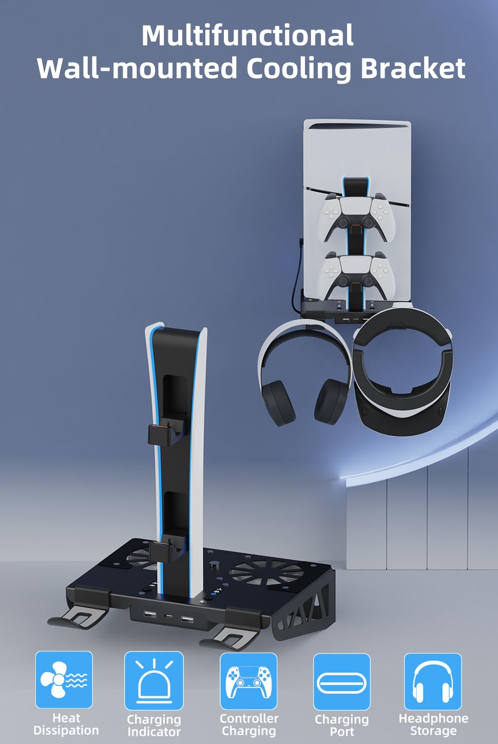 PS5 Wall Mount Bracket Kit with Cooling Fan & Charging Station - Floating Shelf Mount for PS5/PS5 Slim/PS5 Pro Disc & Digital Edition - Space-Saving TV Console Organizer for Gaming Room & Living Room Setup