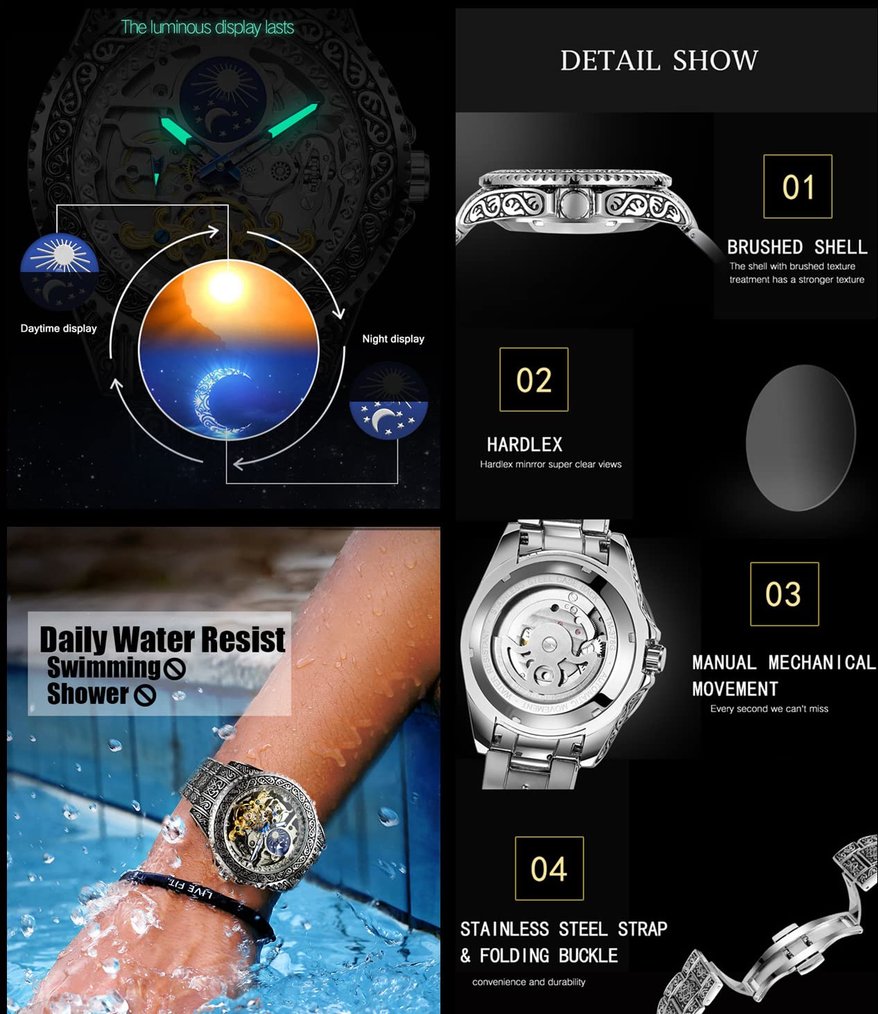 Mechanical Skeleton Watch for Men - Auto Wind Moonphase - Tattoo Pattern - FH094 - Perfect for Formal & Casual Wear