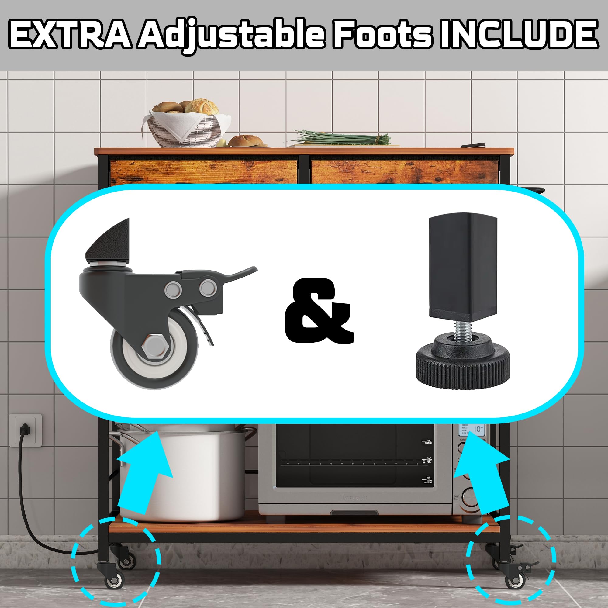 Industrial Rolling Kitchen Island Cart with Storage & Power Outlet - Mobile Kitchen Cart with Wheels for Small Spaces, Home Cooking & Food Prep Station