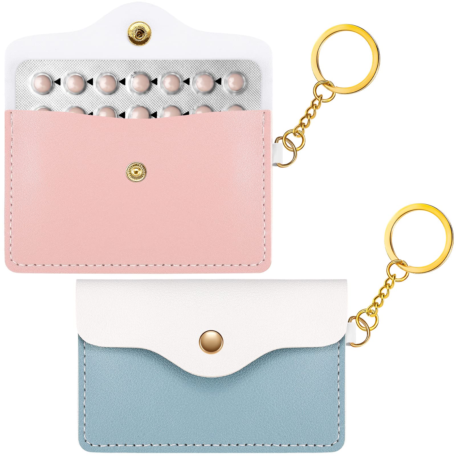 Tondiamo 2 Pack PU Leather Birth Control Pill Case - Compact 4.33 x 3 Inch Pill Organizer with Key Ring | Travel-Friendly Medication Holder for Women (Pink & Blue) - Perfect for Daily Use, Gym, Travel & Purse Organization