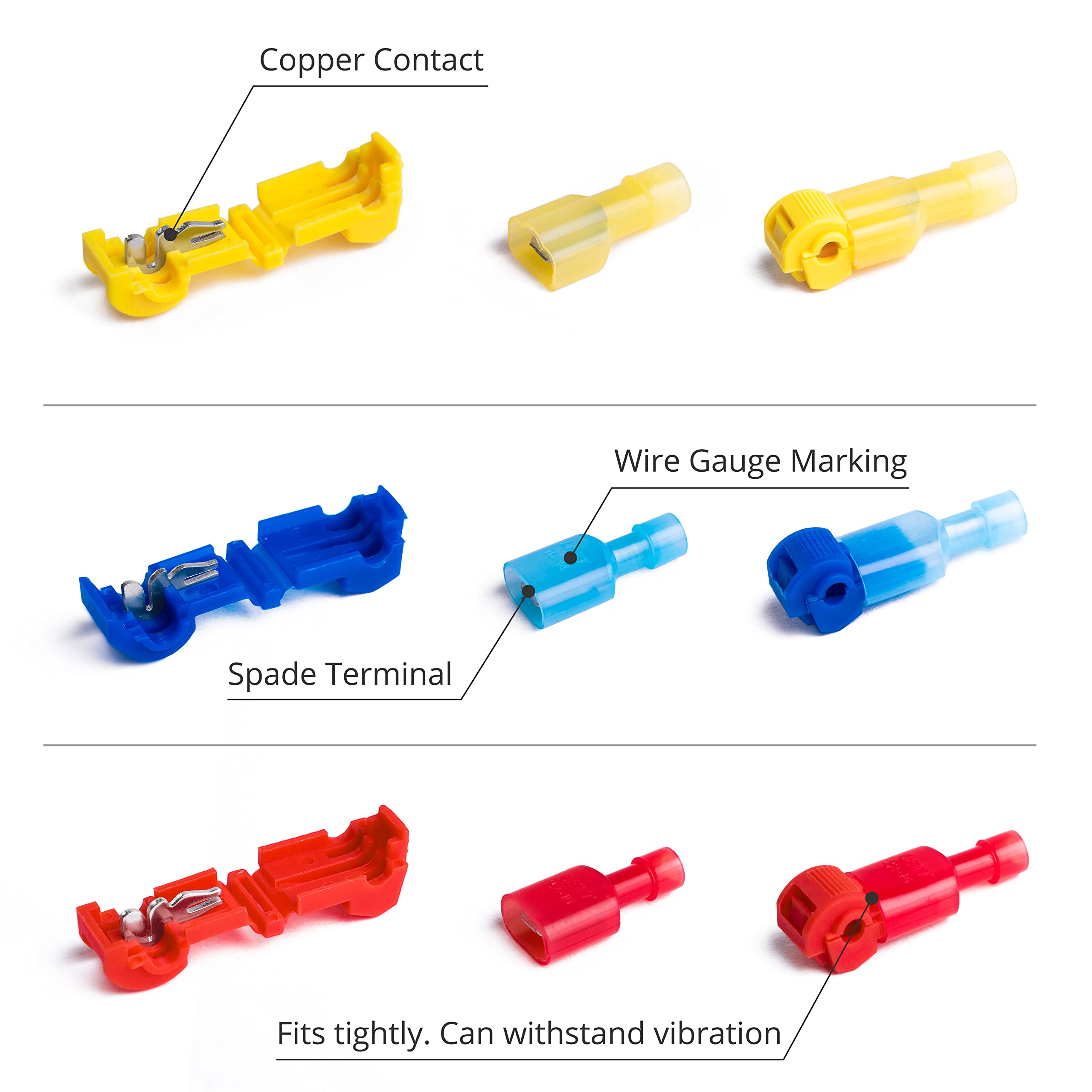 Wirefy T Tap Wire Connectors Kit - 120 PCS 22-10 AWG Electrical Connectors with Spade Terminals & Quick Splice Disconnects | Automotive Wiring, DIY Electrical Projects, Home Appliances Repair, Marine & RV Wiring Solutions