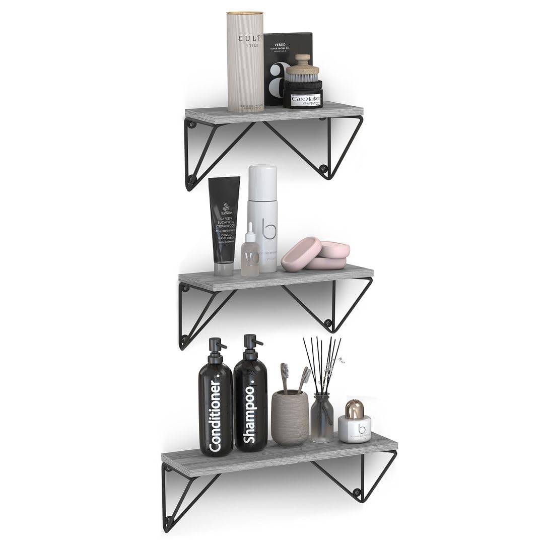 Floating Wall Shelves Set of 3 - Modern Grey Wood Wall Mounted Shelves with Prism Brackets for Books, Decor & Storage | Perfect for Living Room, Bedroom, Kitchen & Bathroom Organization