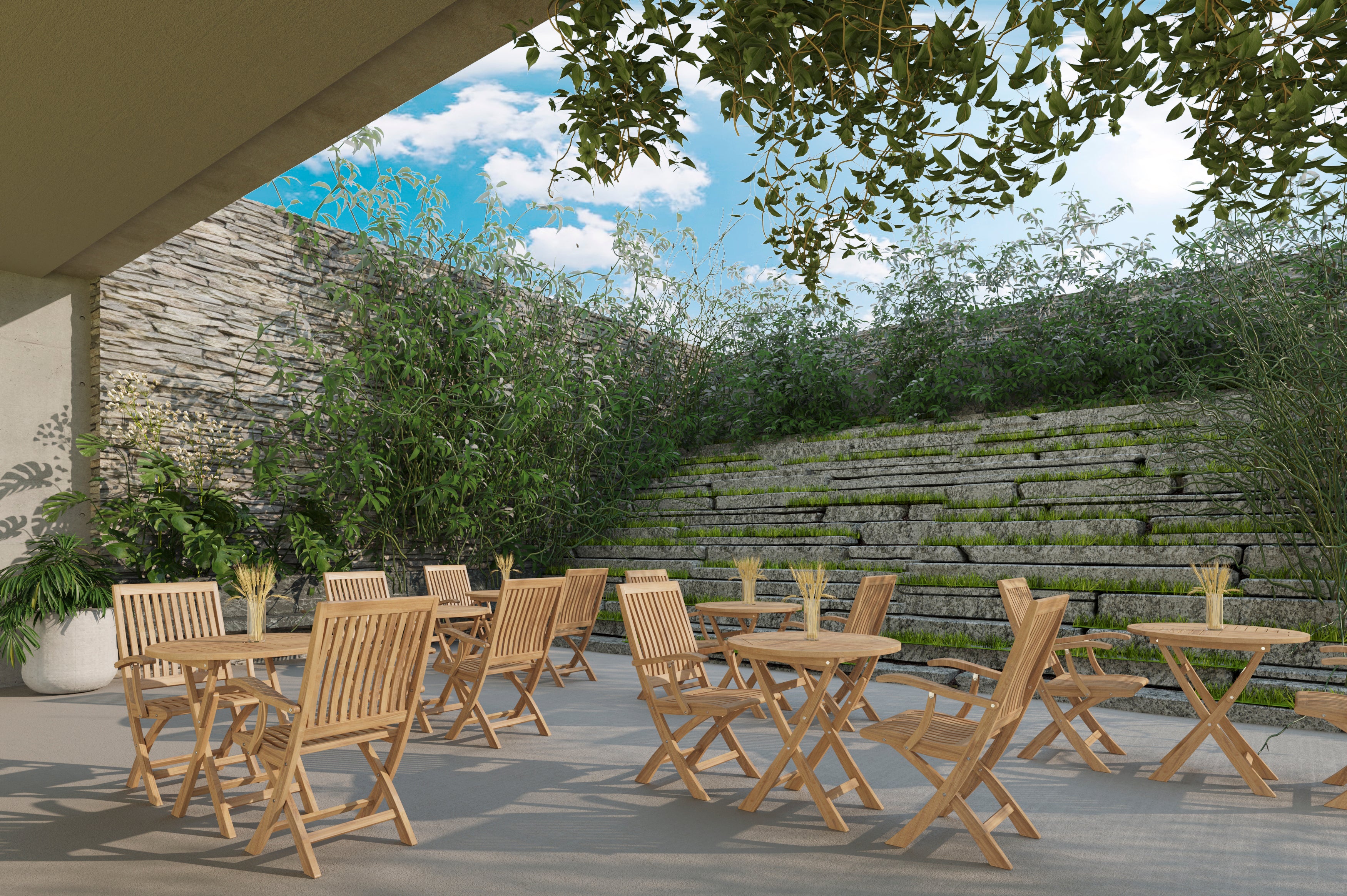 Round Teak Outdoor Folding Bistro Table with Umbrella Hole - Patio, Garden, Poolside Dining Furniture for Small Spaces