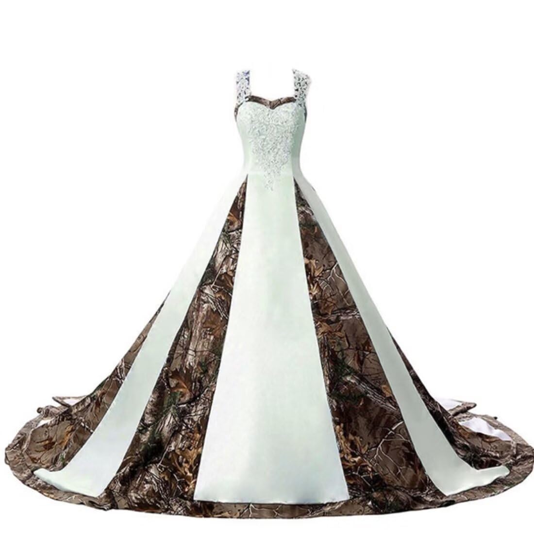 ZVOCY Women's Camouflage Wedding Dress - Satin Camo Long Formal Gown for Brides, White Elegant Gown for Outdoor, Military, or Unique Theme Weddings