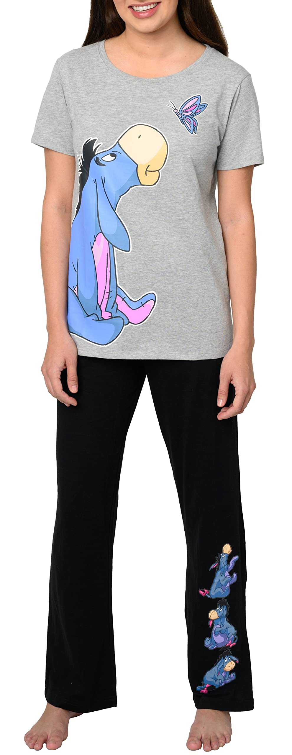Disney Women's Pajama Set - Eeyore Print Sleepwear, Grey T-Shirt & Black Pants for Lounge, Sleep & Relaxation at Home