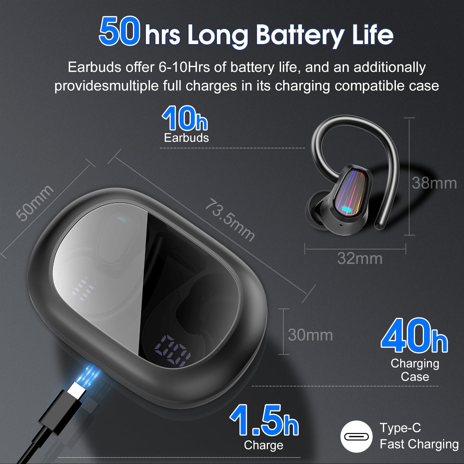 OYIB Wireless Earbuds Bluetooth 5.4, 50H Playtime, IP7 Waterproof - for Running & Workout