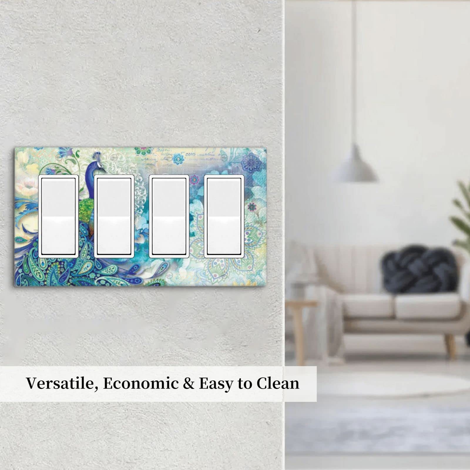 Peacocks and Flowers 4-Gang Rocker Light Switch Cover Plate - Decorative Plastic Wall Plate for Electrical Outlets - Perfect for Bedroom, Bathroom & Kitchen Decor | Home Improvement & Interior Design