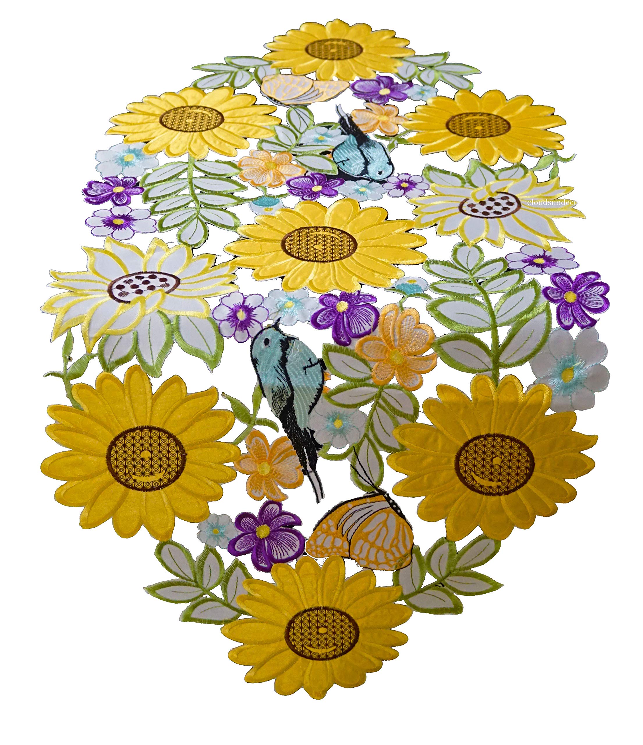 CloudSun Easter Spring Table Runner - Embroidered Birds & Sunflower Design, 14