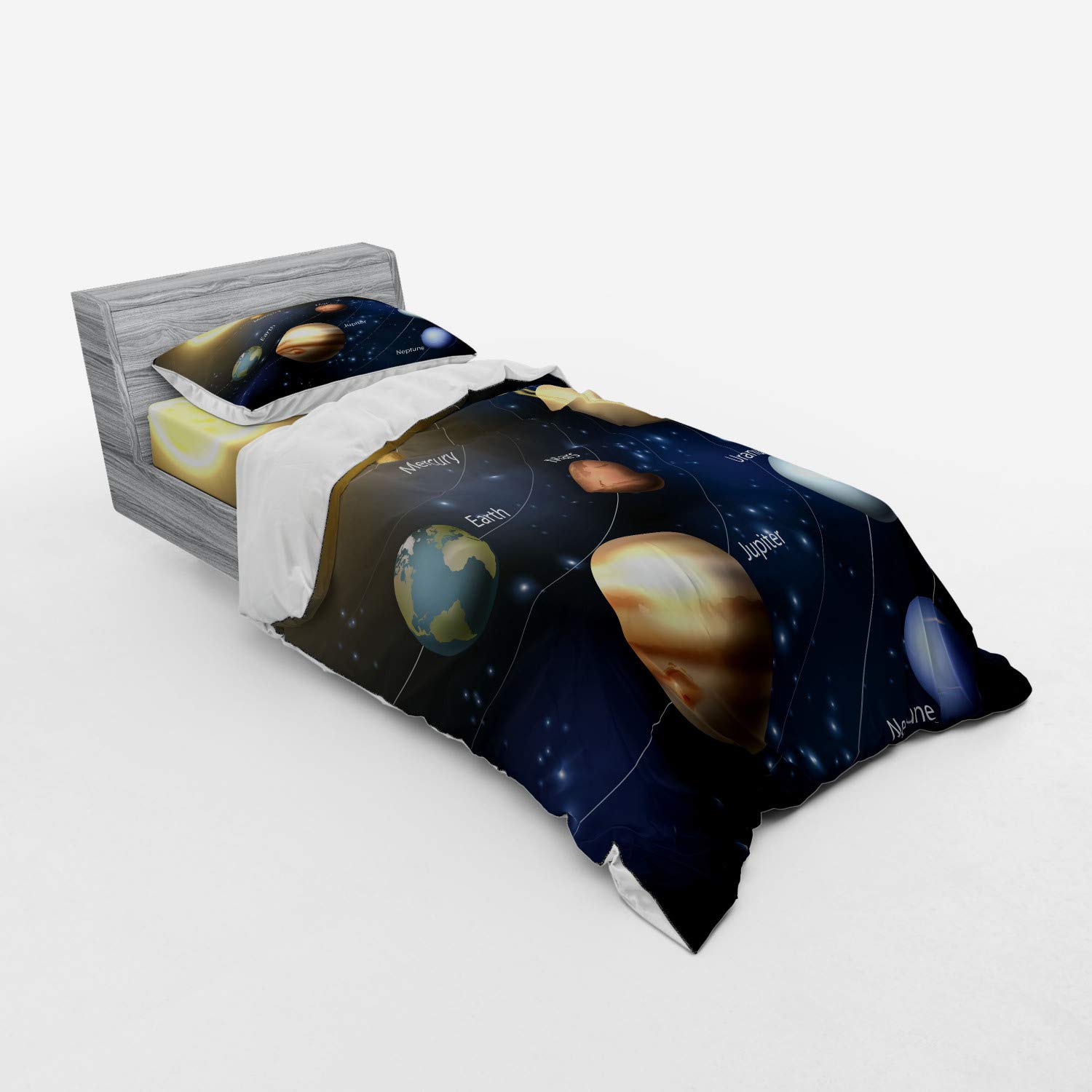 Ambesonne Solar System Duvet Cover Set - Twin Size 3-Piece Bedding with Sham & Fitted Sheet - Realistic Astronomy Space Design Featuring Sun & Planets - Perfect for Kids' Rooms, Science Lovers & Space-Themed Decor
