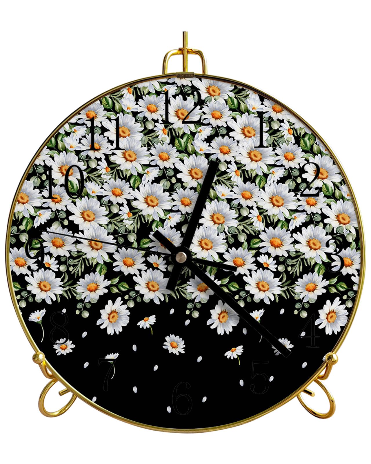 Watercolor Ombre Black White Daisy Battery Operated Table Clock - Silent Non-Ticking Round Wall & Desk Clock for Bedroom, Kitchen, Office | Home Decor, Gift Idea