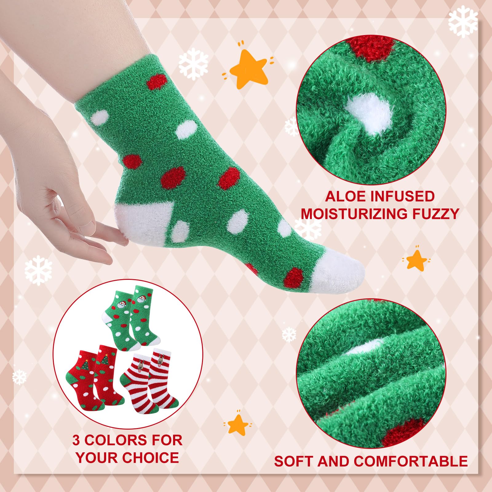 Aloe Vera Infused Moisturizing Christmas Socks - 3 Pairs Ultra Soft Fuzzy Holiday Socks with Colorful Patterns for Women & Men - Perfect for Spa, Gift Giving & Winter Foot Care