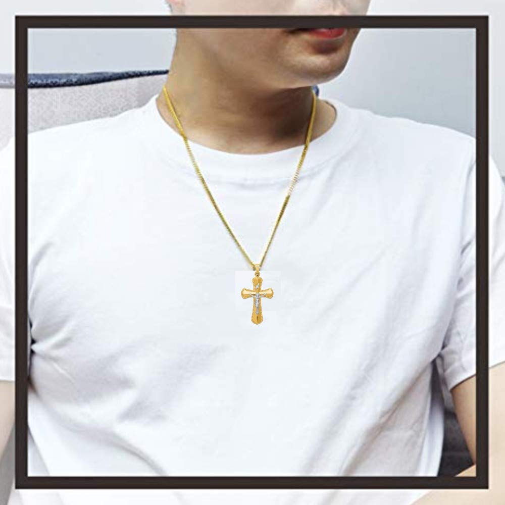 14K Two-Tone Yellow & White Gold Beaded Edge INRI Crucifix Cross Pendant Necklace - Religious Jewelry for Men & Women - Perfect for Baptism, Confirmation, and Daily Wear