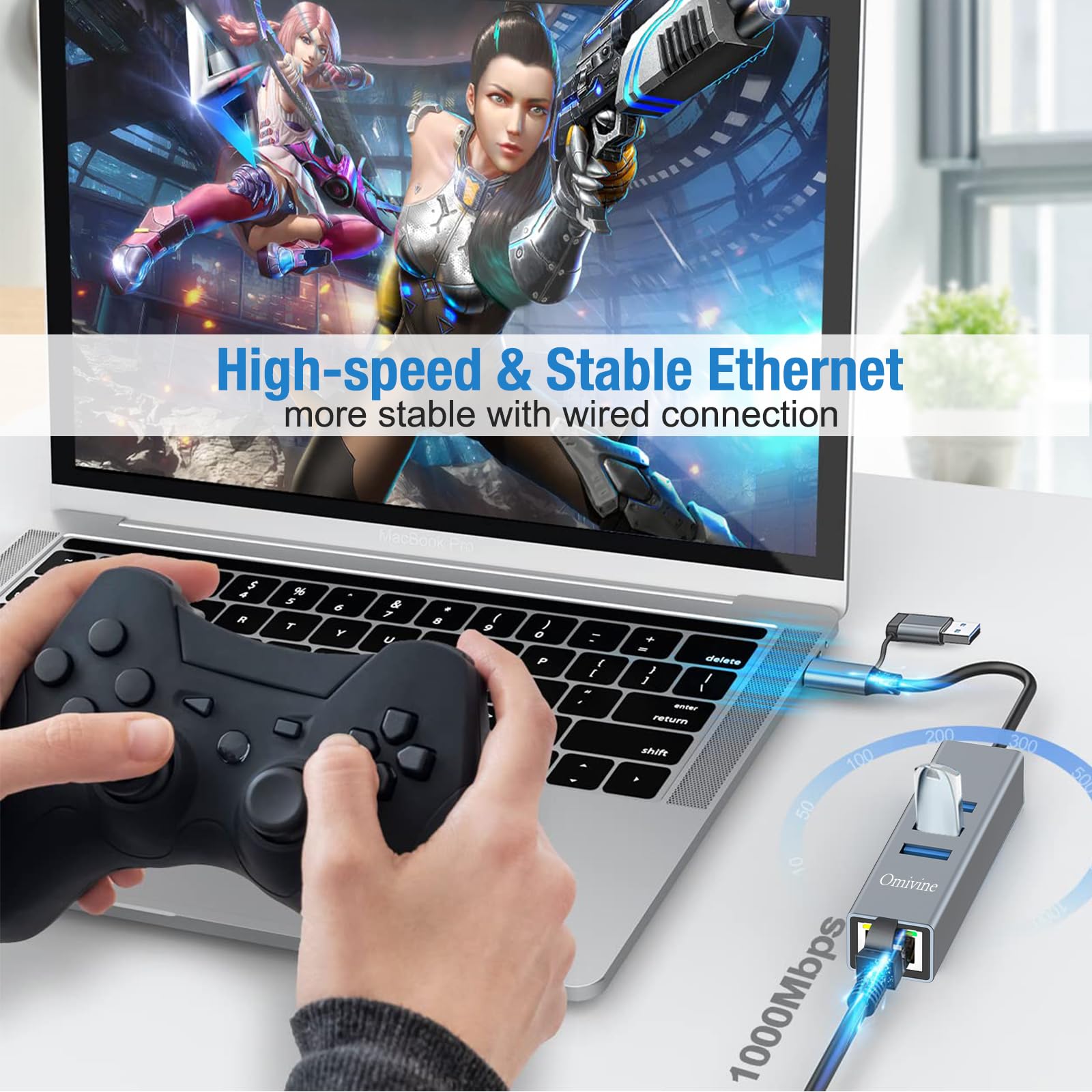 USB 3.0 to Ethernet Adapter with 3 Ports - Gigabit LAN for MacBook, Surface Pro - Home & Office Use