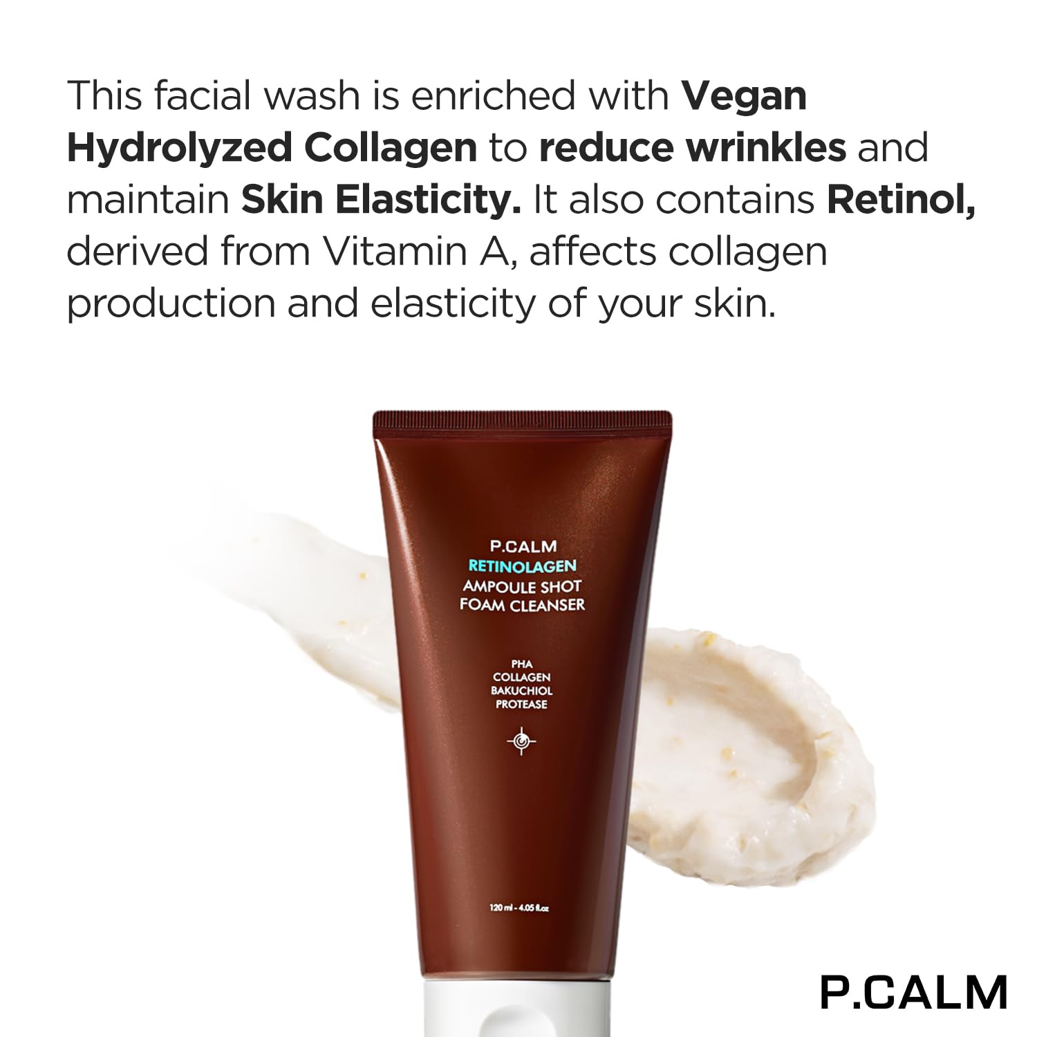 P.CALM Retinolagen Ampoule Shot Foam Cleanser 120ml - Vegan Pore Control Facial Wash with Retinol, Collagen, PHA & Bakuchiol for Sensitive Skin | Korean Skincare for Acne-Prone & Dry Skin | Morning & Night Routine | Gentle Exfoliating Face Wash