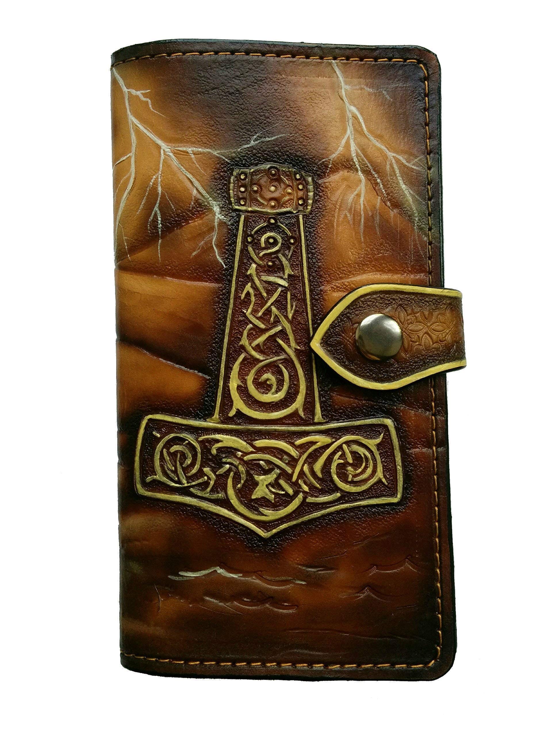 Viking Longship & Thor Hammer Mjölnir 3D Genuine Leather Men's Wallet - Handmade Biker Wallet with Airbrush Art, Custom Carved Design - Perfect for Gifts, Travel & Everyday Use