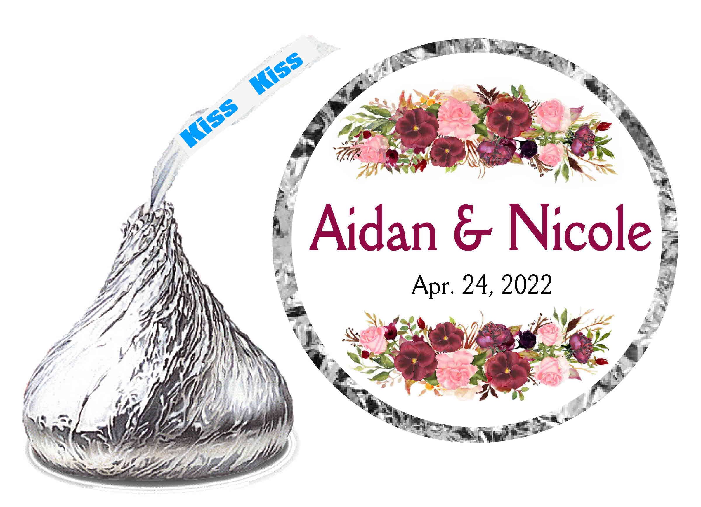 216 Burgundy Floral Wedding Stickers - Personalized Candy & Chocolate Labels for Favors