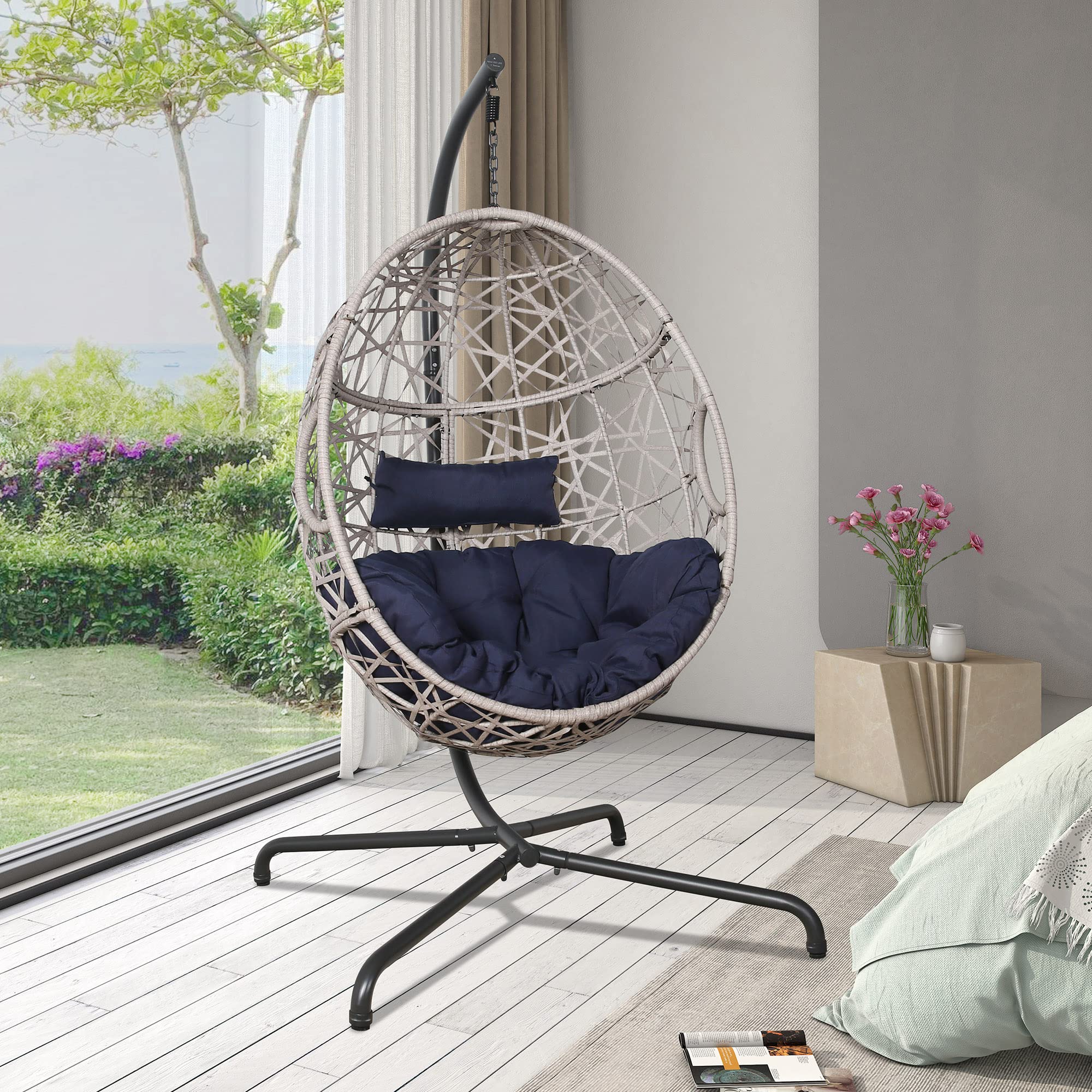 Outdoor Wicker Egg Hanging Chair with Stand - Rattan Hammock Swing Chair for Patio, Balcony, Garden - Includes Comfortable Cushion (Navy Blue) - Perfect for Relaxing, Reading & Lounging in Your Backyard or Bedroom Retreat