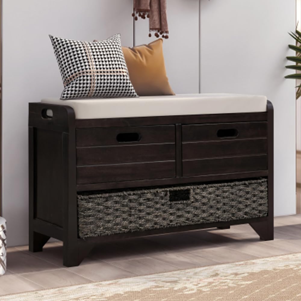 P PURLOVE Fully Assembled Wooden Storage Bench with Removable Basket, 2 Drawers & Cushion - Entryway Shoe Bench for Hallway, Living Room, Bedroom - Perfect for Organizing Shoes, Toys & Home Decor