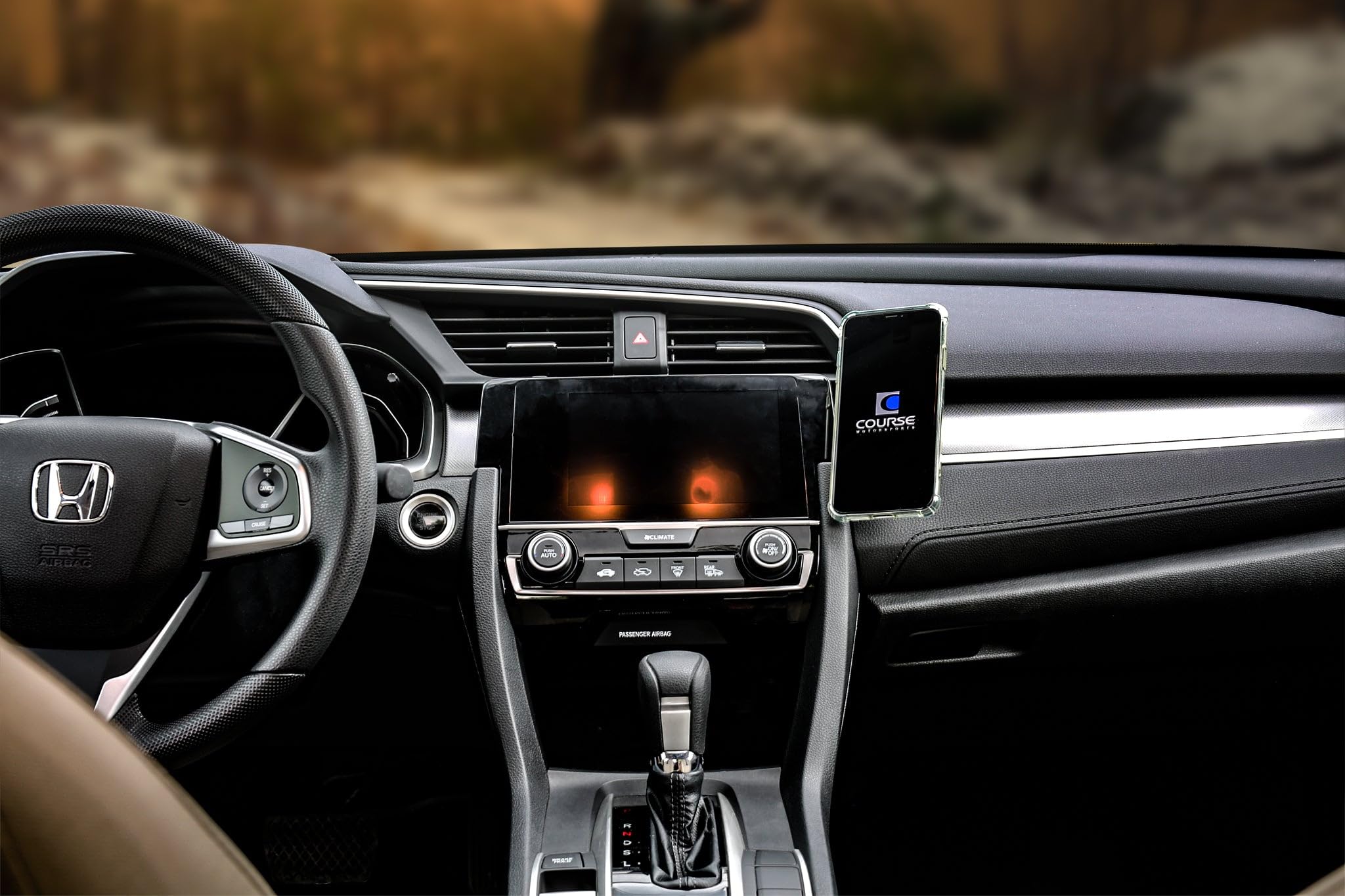 Course Motorsports Universal Phone Mount for Honda Civic (2016-2021) - Auto-Closing Charging Cradle with Right-Side Tan Leather - Perfect for Hands-Free Navigation & Safe Driving