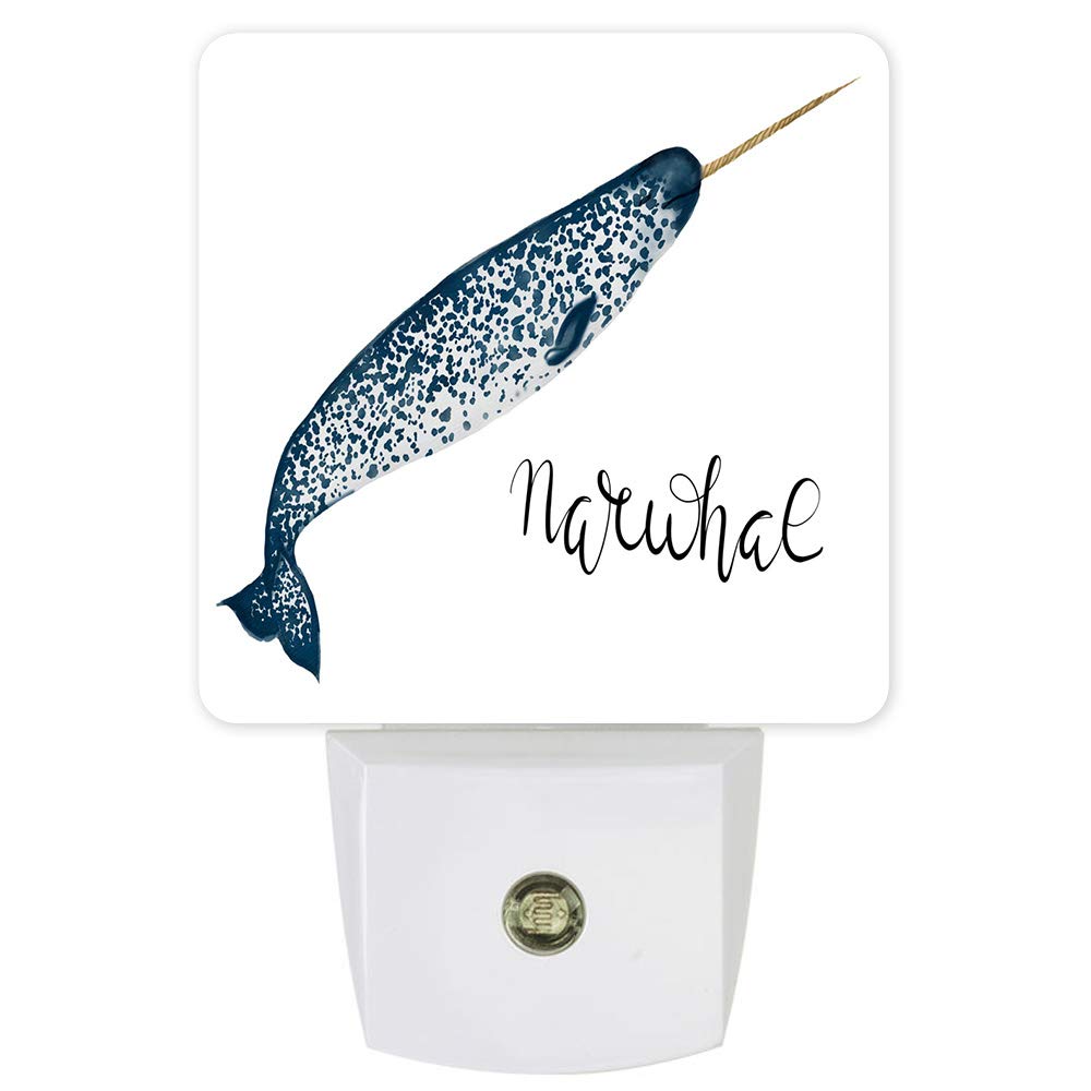Auto On/Off LED Night Light with Dusk to Dawn Sensor - Blue Narwhal Marine Life Design for Bedroom, Bathroom, Kitchen, Nursery & Hallway | Energy-Efficient Plug-in Nightlight for Kids Room, Stairs & Home Decor