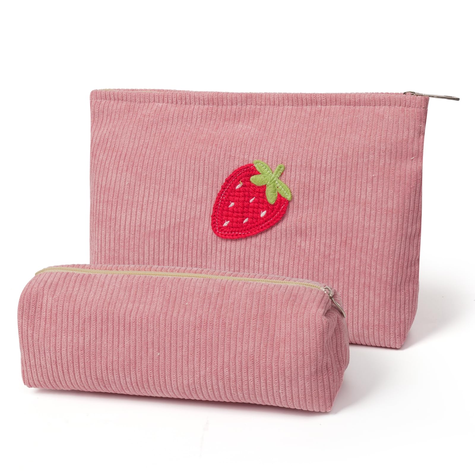 Strawberry Patch Corduroy Makeup Bag Set - Large Travel Toiletry Pouch with Zipper for Women & Teen Girls (Pink) | Cute Cosmetic Organizer for Travel, Gym, School & Daily Use