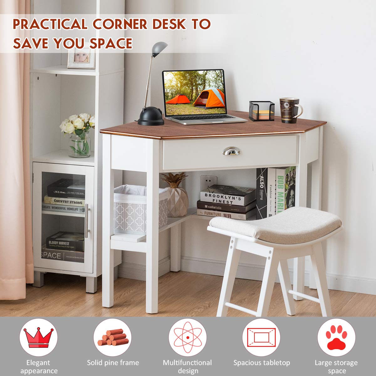 Tangkula 90-Degree Corner Desk with Drawer & Storage Shelves - Compact Computer Desk & Makeup Vanity for Small Spaces (Natural & White) - Perfect for Home Office, Dorm Room & Bedroom Workspace