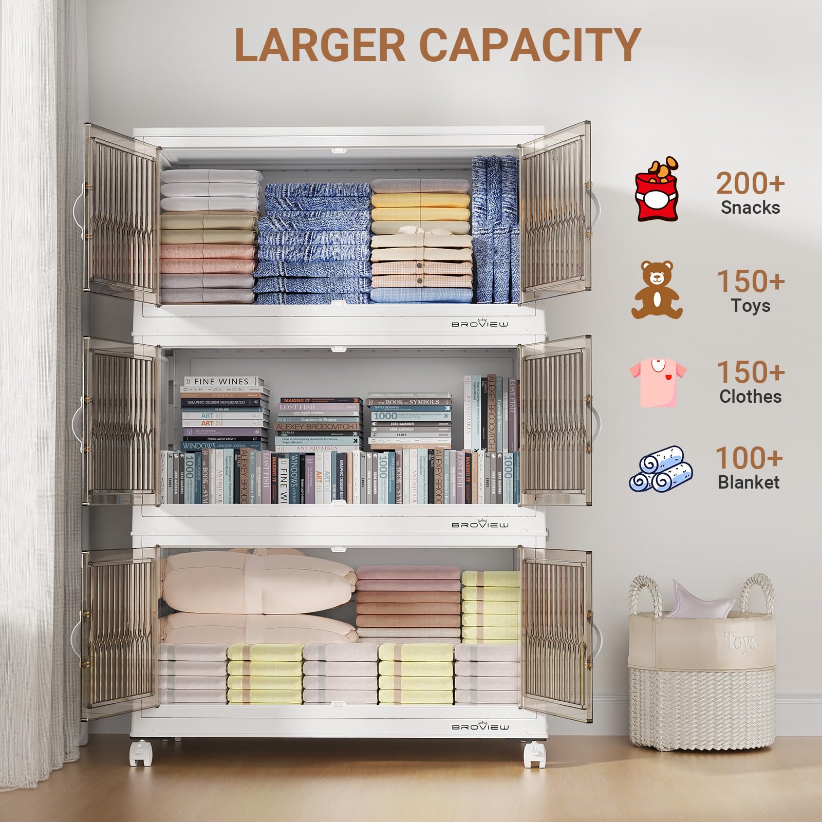 120 Qt Stackable Storage Bins with Lids - 4 Pack White Collapsible Storage Boxes with Wheels | Plastic Closet Organizer, Clothes Storage Cabinet & Drawer Containers for Home, Office & Garage Organization