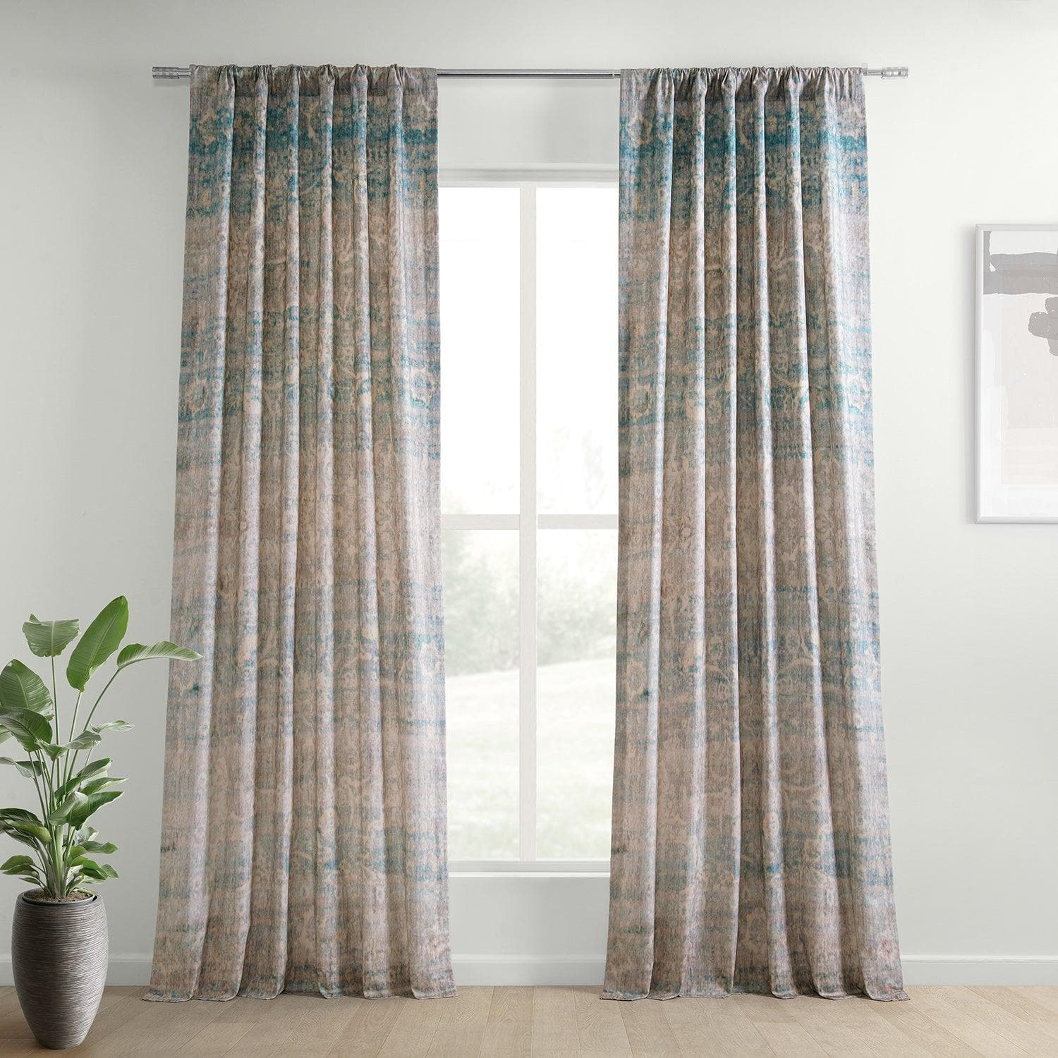 River Teal Blue Abstract Textured Printed Cotton Curtains for Living Room & Bedroom - Modern Window Drapes for Home Decor