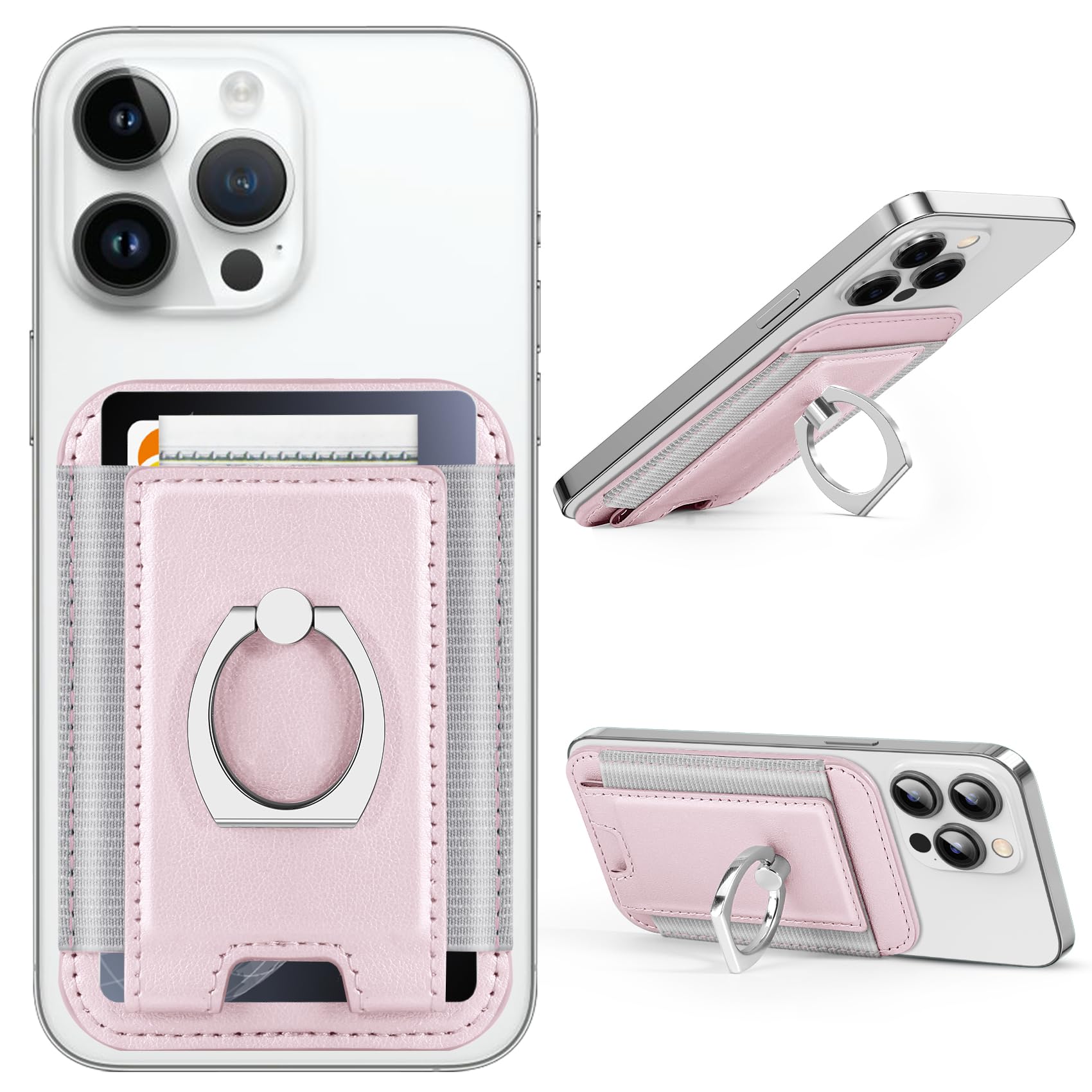 Miroddi Magnetic Wallet for iPhone 16/15/14/13/12 Series - Leather Magsafe Card Holder with Grip & Ring Stand | Slim RFID Blocking Wallet Fits 6 Cards (Pink) | Perfect for Everyday Use, Travel & Contactless Payments