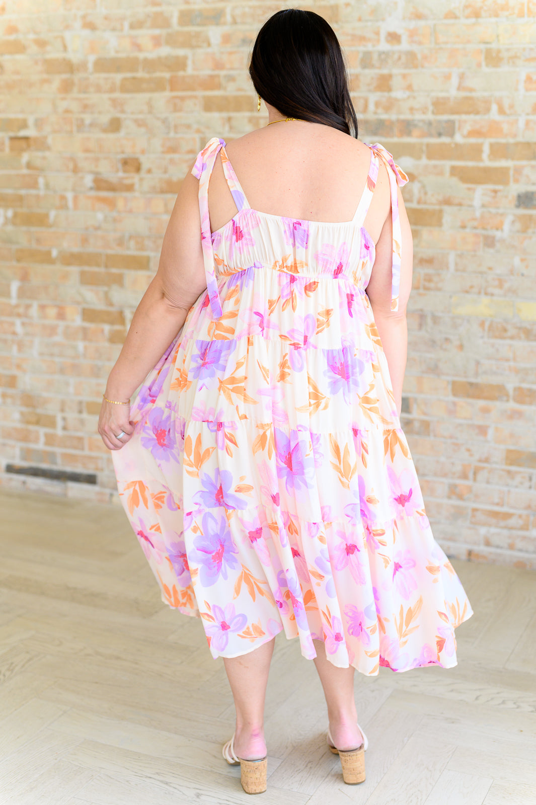 Pastel Floral Midi Dress for Women - Soft Pink Flowy Summer Dress with Ruffles, Casual Boho Chic Dress for Beach, Wedding & Date Night